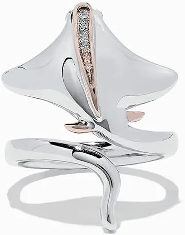 Fashionable Zircon Manta Ray Two-Tone Adjustable Ring 925 Sterling Silver Stingray Open Adjustable Ring for Women, Cute Ocean Animal Adjustable Cubic Zirconia Ring, Manta Ray Wrap Open Ring for Women