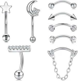 FECTAS 16G 8PCS Rook Piercing Jewelry Eyebrow Rings for Women Rook Earrings Tragus Daith Cartilage Lip Belly Surface Curved Barbell Piercing Jewelry 10mm