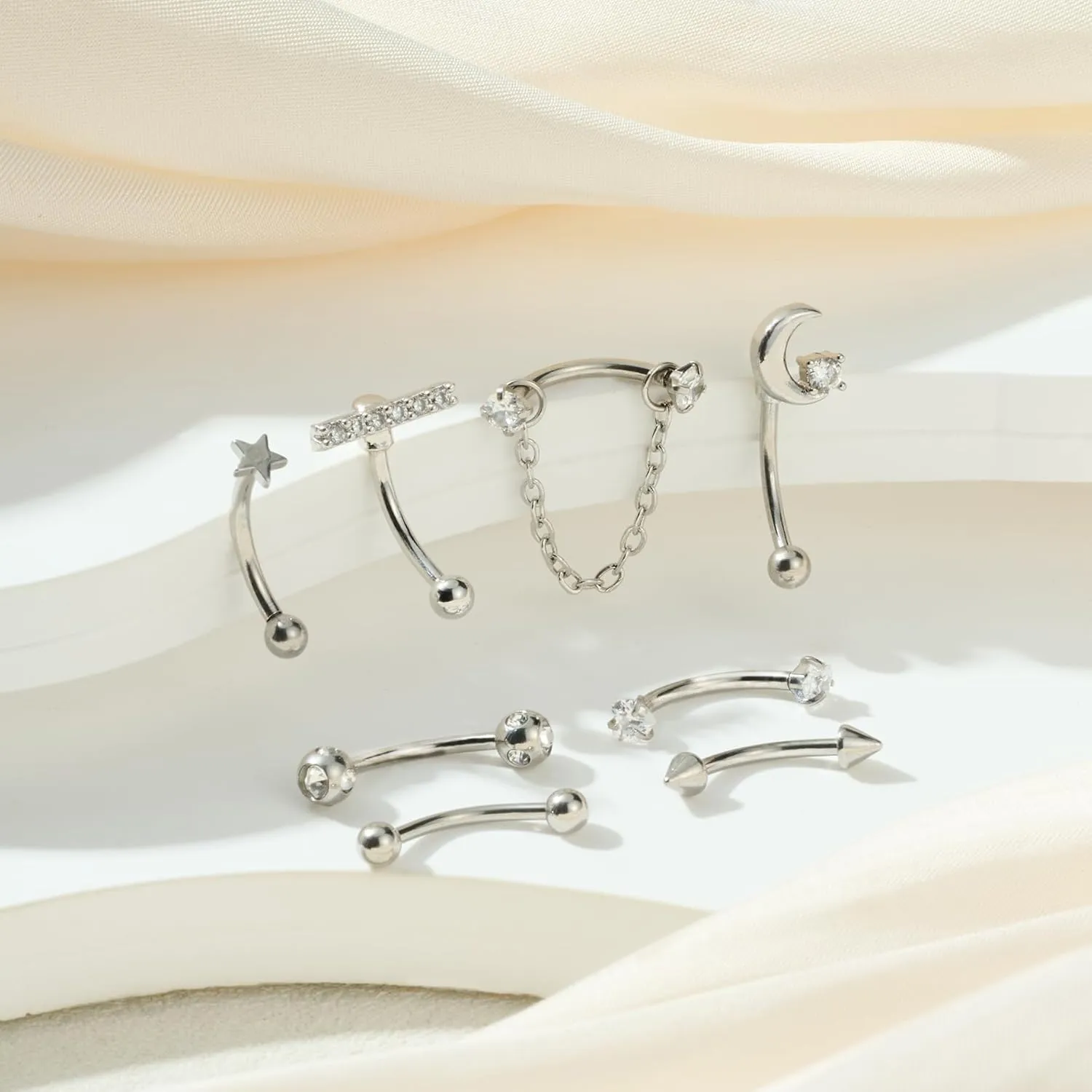 FECTAS 16G 8PCS Rook Piercing Jewelry Eyebrow Rings for Women Rook Earrings Tragus Daith Cartilage Lip Belly Surface Curved Barbell Piercing Jewelry 10mm