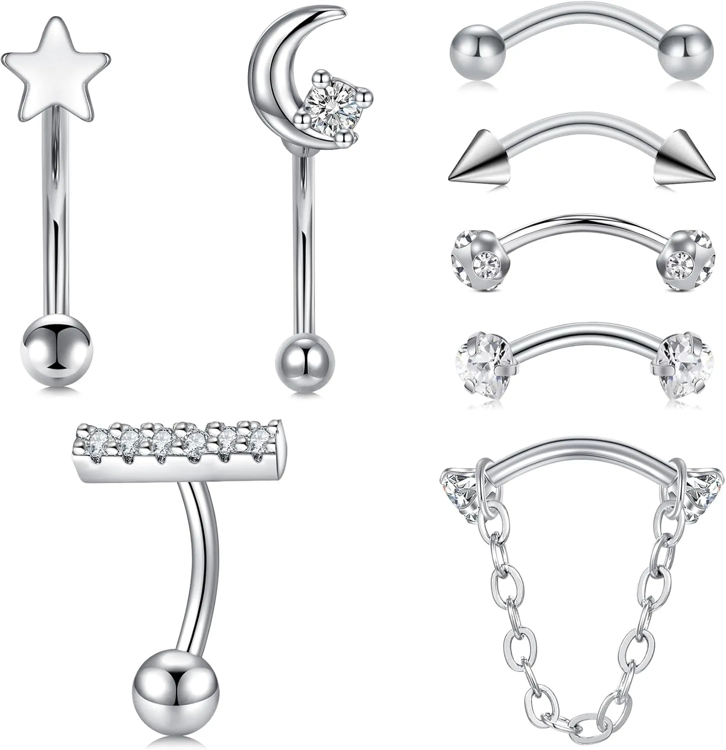 FECTAS 16G 8PCS Rook Piercing Jewelry Eyebrow Rings for Women Rook Earrings Tragus Daith Cartilage Lip Belly Surface Curved Barbell Piercing Jewelry 10mm