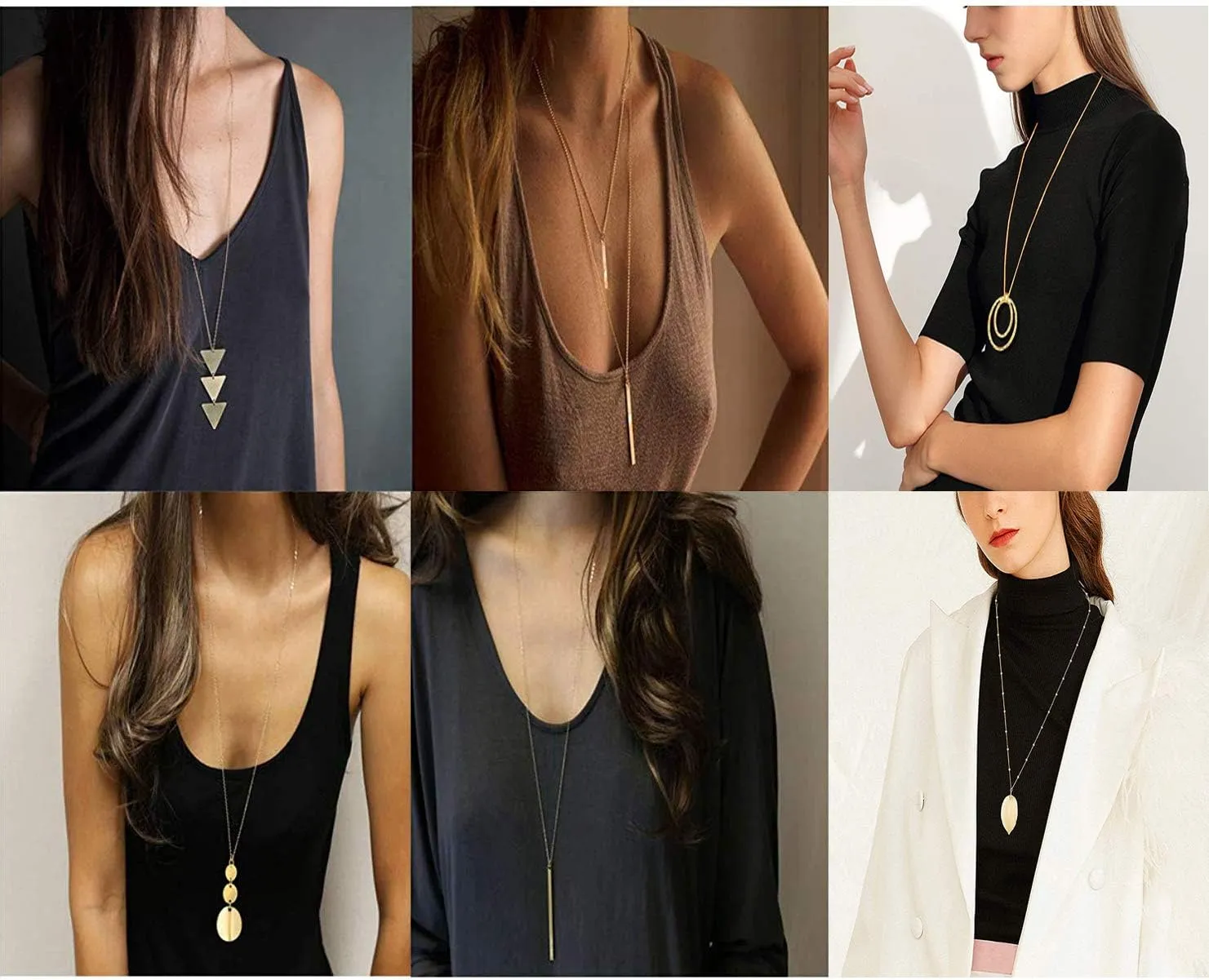 Fesciory 6 PCS Long Pendant Necklace for Women, Gold Bar Circle Leaf Triangle Tassel Y Necklace Set