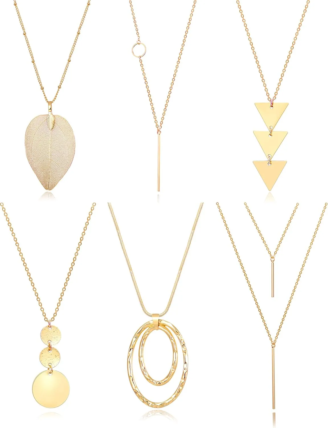 Fesciory 6 PCS Long Pendant Necklace for Women, Gold Bar Circle Leaf Triangle Tassel Y Necklace Set