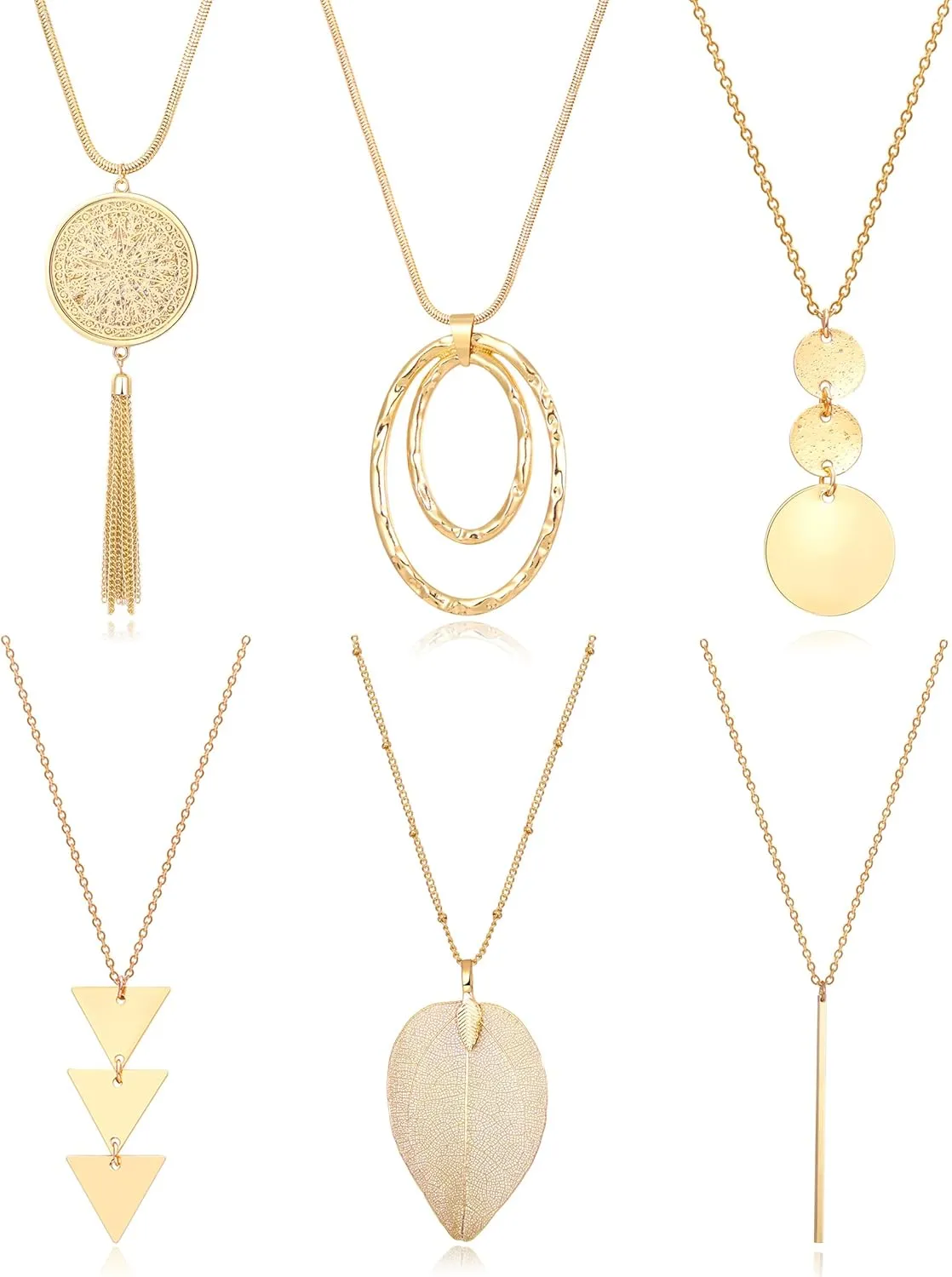 Fesciory 6 PCS Long Pendant Necklace for Women, Gold Bar Circle Leaf Triangle Tassel Y Necklace Set