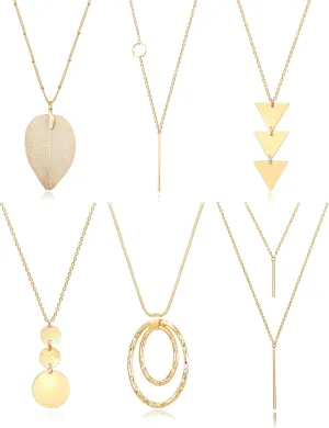 Fesciory 6 PCS Long Pendant Necklace for Women, Gold Bar Circle Leaf Triangle Tassel Y Necklace Set