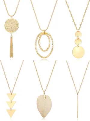 Fesciory 6 PCS Long Pendant Necklace for Women, Gold Bar Circle Leaf Triangle Tassel Y Necklace Set