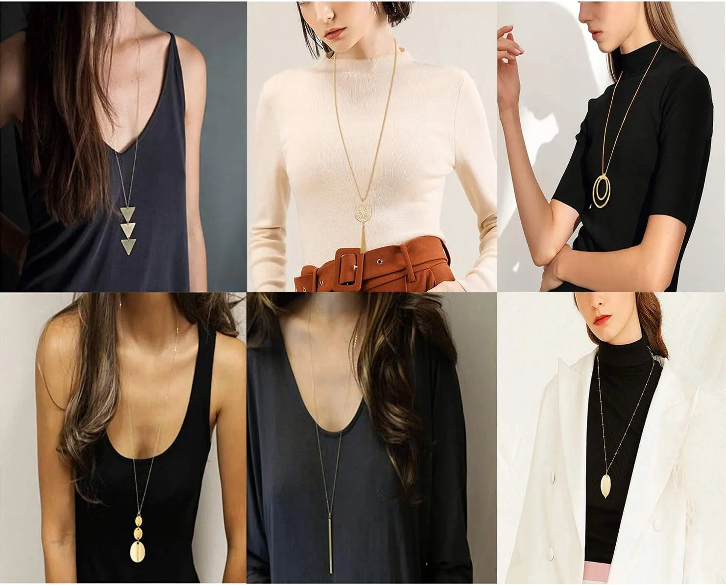 Fesciory 6 PCS Long Pendant Necklace for Women, Gold Bar Circle Leaf Triangle Tassel Y Necklace Set