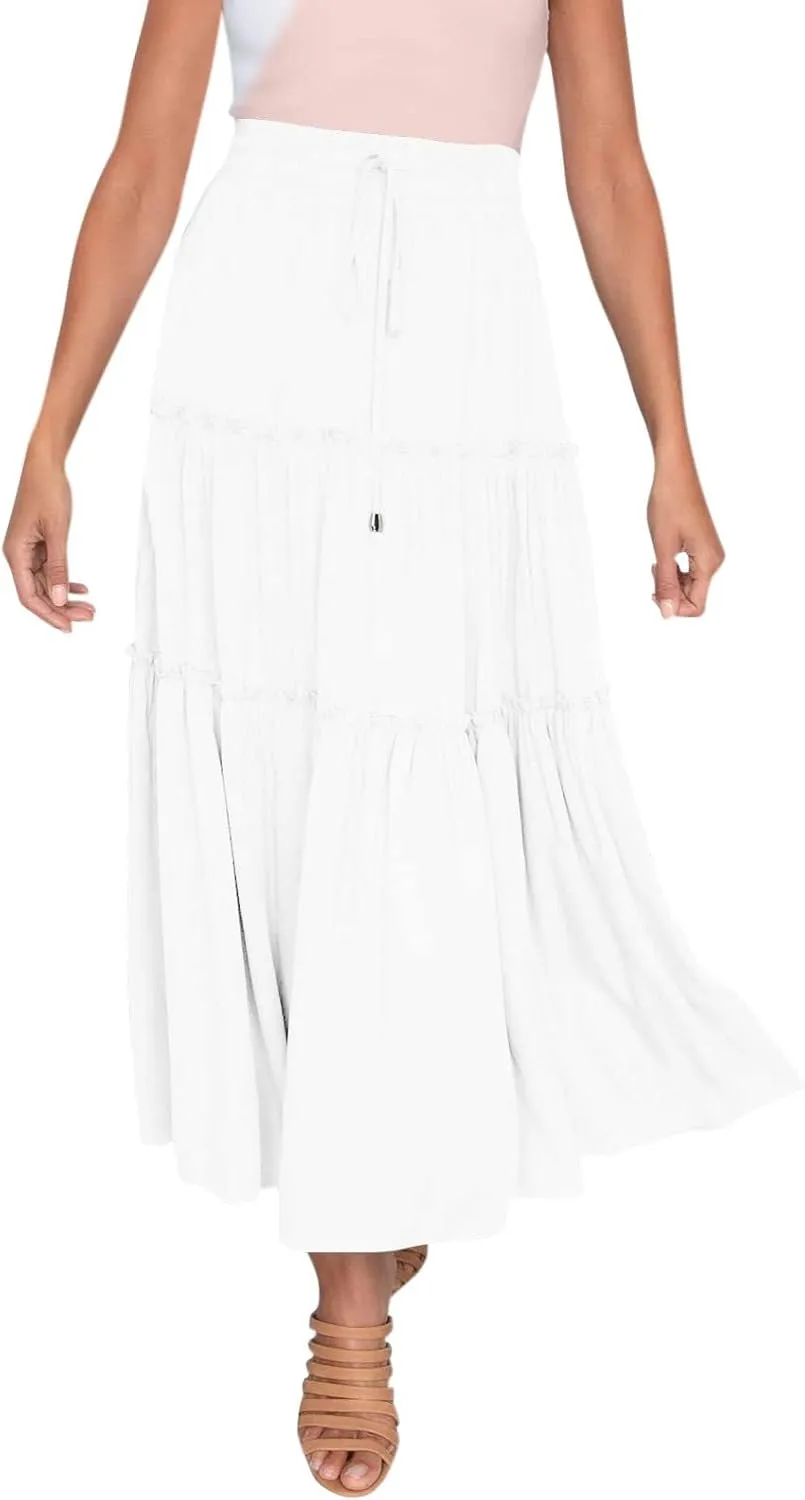 FFFG Womens Elastic High Waist Boho Maxi Skirt Ruffle A Line Swing Long Skirts Woman Midi Skirt White