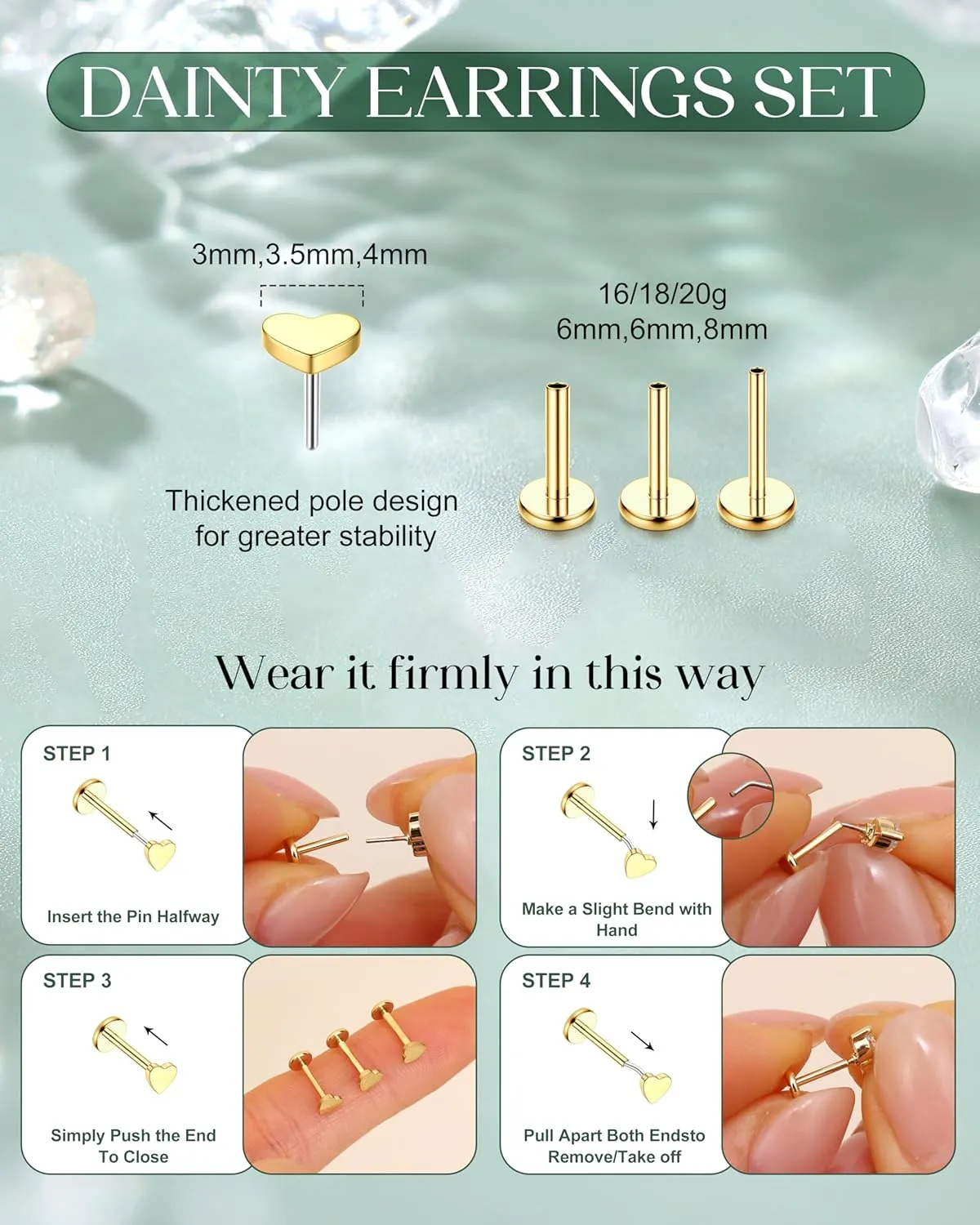 FIASASO 14K Gold Plated Flat Back Stud Earrings - 20G 18G 16G Hypoallergenic Surgical Steel Threadless Push in CZ Heart Snake Star Stud Piercing Jewelry Tragus Helix Cartilage Conch Nose Lip Monroe Labret Medusa