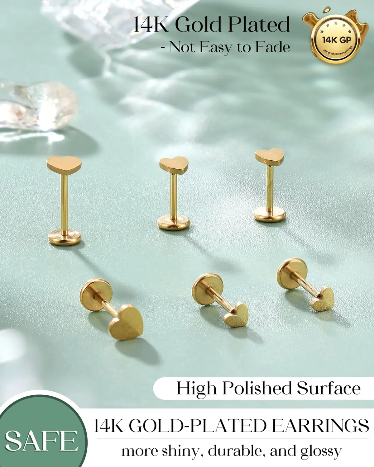 FIASASO 14K Gold Plated Flat Back Stud Earrings - 20G 18G 16G Hypoallergenic Surgical Steel Threadless Push in CZ Heart Snake Star Stud Piercing Jewelry Tragus Helix Cartilage Conch Nose Lip Monroe Labret Medusa