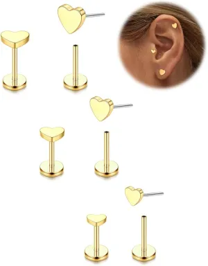 FIASASO 14K Gold Plated Flat Back Stud Earrings - 20G 18G 16G Hypoallergenic Surgical Steel Threadless Push in CZ Heart Snake Star Stud Piercing Jewelry Tragus Helix Cartilage Conch Nose Lip Monroe Labret Medusa