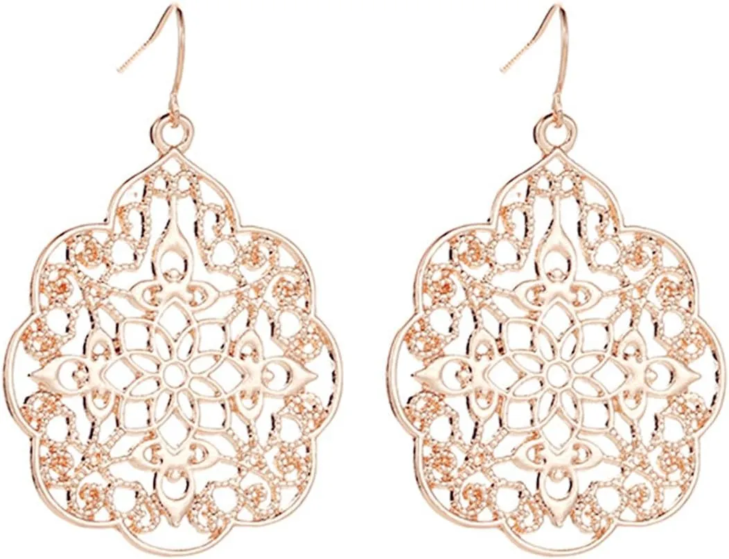 Filigree Hollow Out Geometric Earrings Gold Silver Plated Bohemian Vintage Metallic Cutout Metal Flower Ploral Large Dangle Drop Earrings for Women Boho Style Prom Party Birthday Wedding Jewelry Gifts
