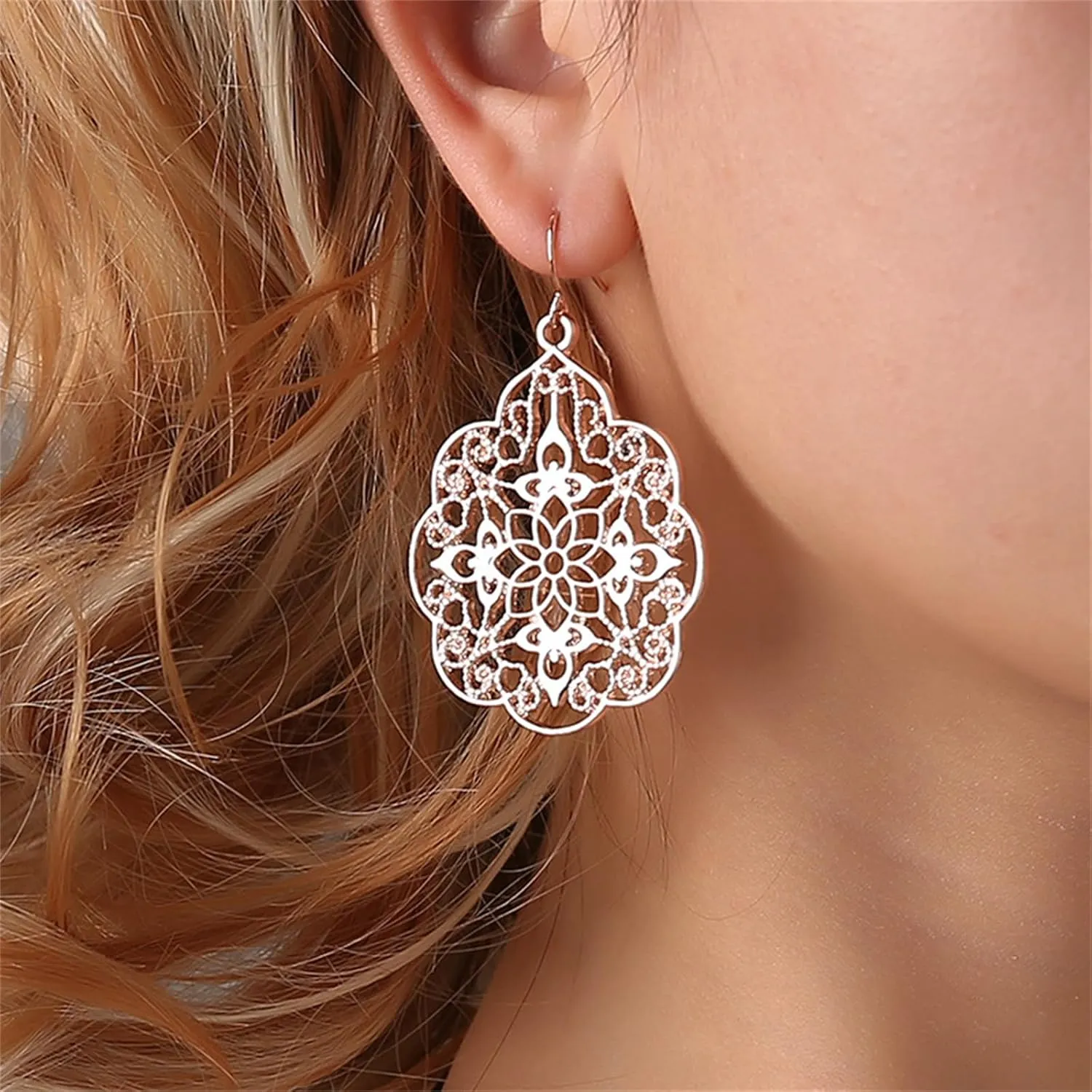 Filigree Hollow Out Geometric Earrings Gold Silver Plated Bohemian Vintage Metallic Cutout Metal Flower Ploral Large Dangle Drop Earrings for Women Boho Style Prom Party Birthday Wedding Jewelry Gifts