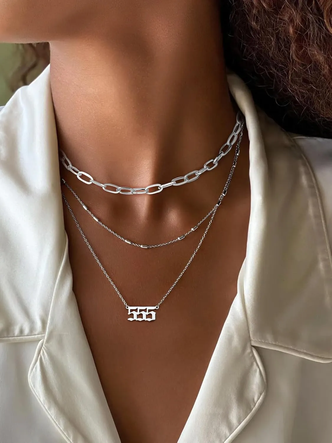 FindChic Angel Number Paperclip Chain Layered Necklaces for Women Stainless Steel/Gold Plated/Black 222 444 888 999 Lucky Number/Custom Name Choker Necklaces, with Gift Box