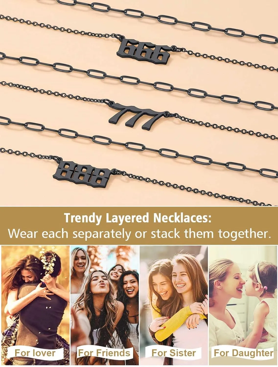 FindChic Angel Number Paperclip Chain Layered Necklaces for Women Stainless Steel/Gold Plated/Black 222 444 888 999 Lucky Number/Custom Name Choker Necklaces, with Gift Box