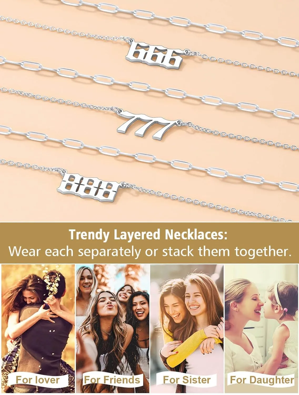 FindChic Angel Number Paperclip Chain Layered Necklaces for Women Stainless Steel/Gold Plated/Black 222 444 888 999 Lucky Number/Custom Name Choker Necklaces, with Gift Box