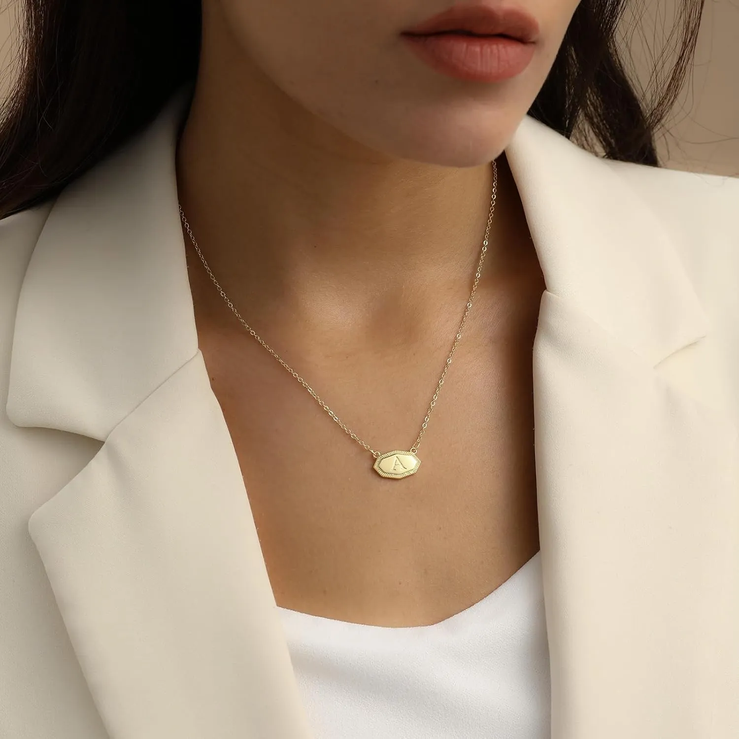 Fissen Initial Necklaces for Women 14K Gold Plated Letter Necklace Dainty Gold Name Necklace Personalized Octagon Initial Choker Necklaces for Women Trendy Gold Jewelry