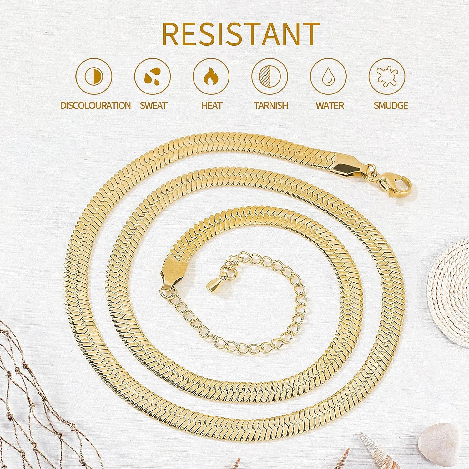 Fiusem Gold Plated Necklace for Women, 14K Gold Plated Herringbone Chain Necklaces, Snake Choker Chain for Women