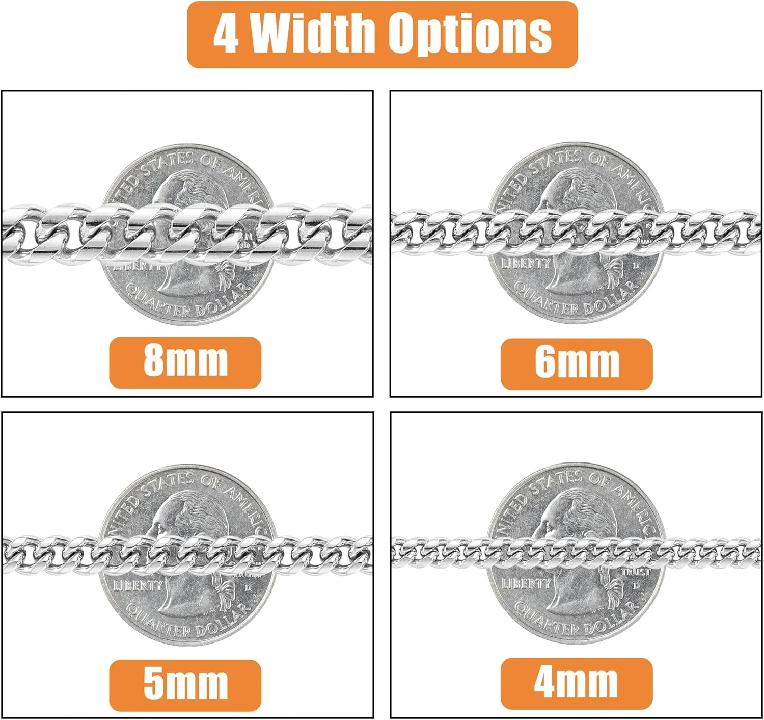 Fiusem Silver Tone Cuban Link Chain for Men, Mens Chain Necklaces, Stainless Steel Chain Necklaces for Men Women, Width 4/5/6/8mm