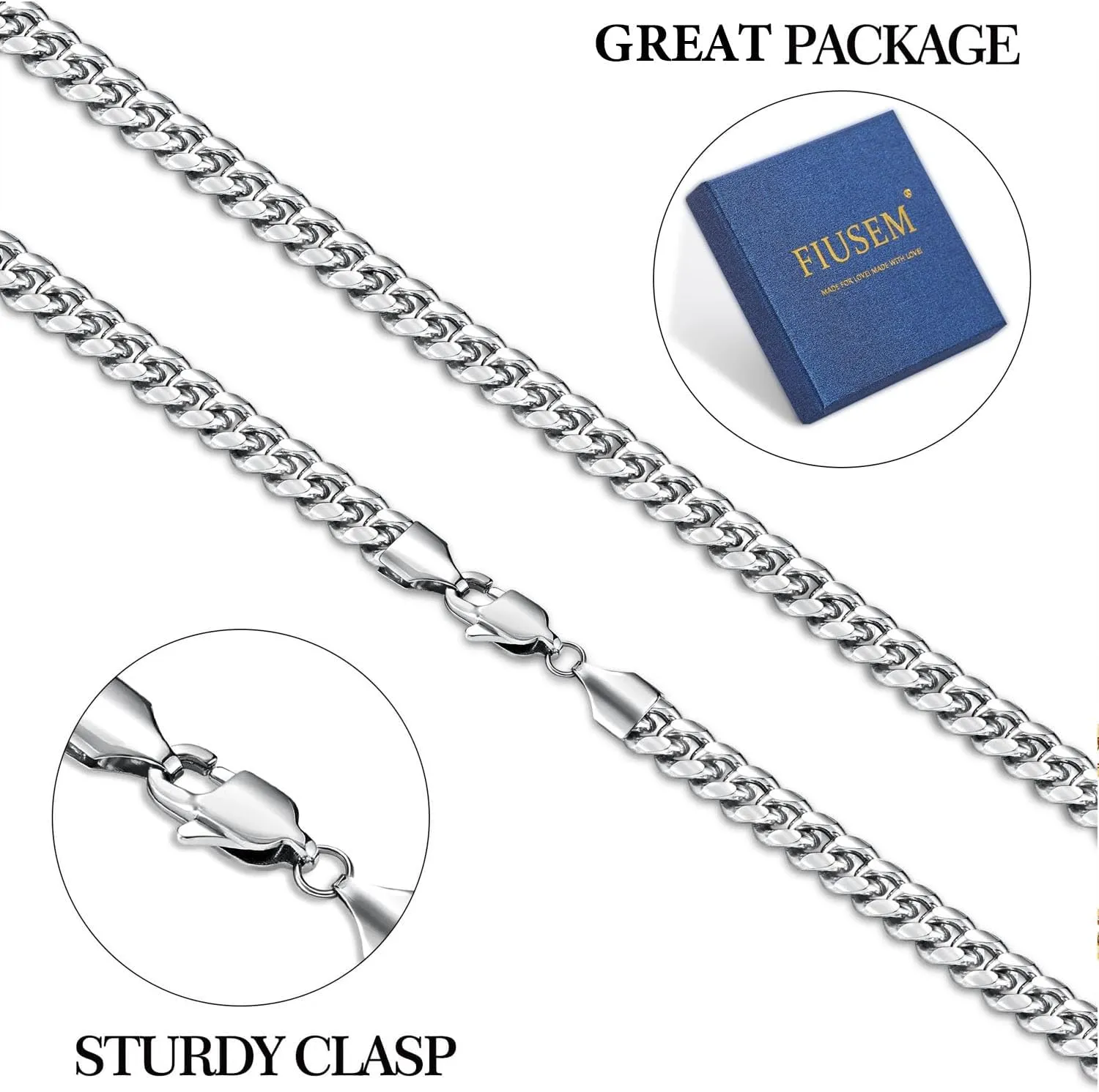 Fiusem Silver Tone Cuban Link Chain for Men, Mens Chain Necklaces, Stainless Steel Chain Necklaces for Men Women, Width 4/5/6/8mm