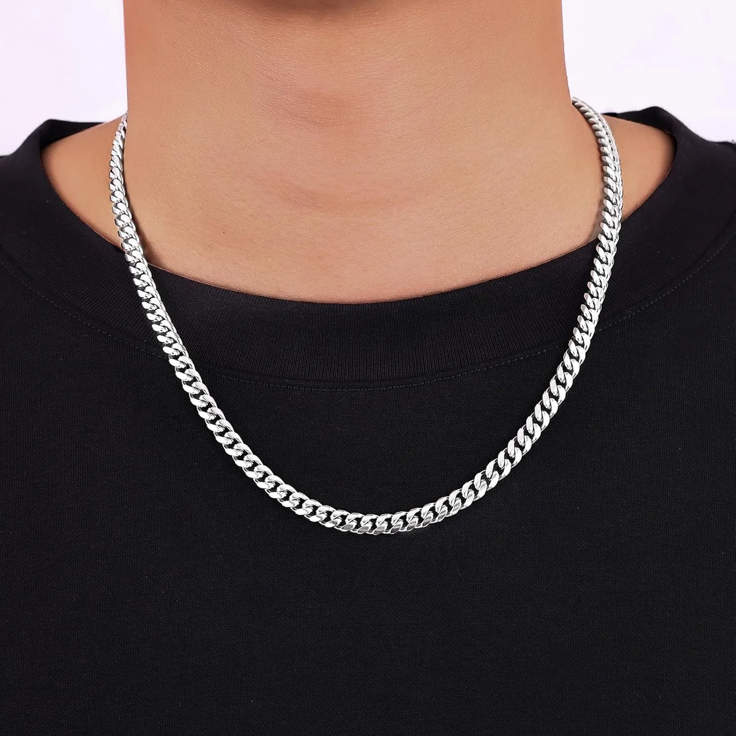 Fiusem Silver Tone Cuban Link Chain for Men, Mens Chain Necklaces, Stainless Steel Chain Necklaces for Men Women, Width 4/5/6/8mm
