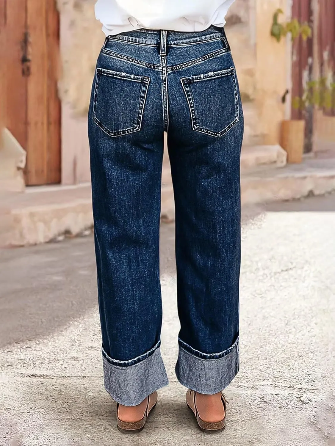 Flamingals Mid Rise Straight Leg Baggy Jeans for Women Plus Size High Stretch Roll Hem Wash Trendy Denim Jeans