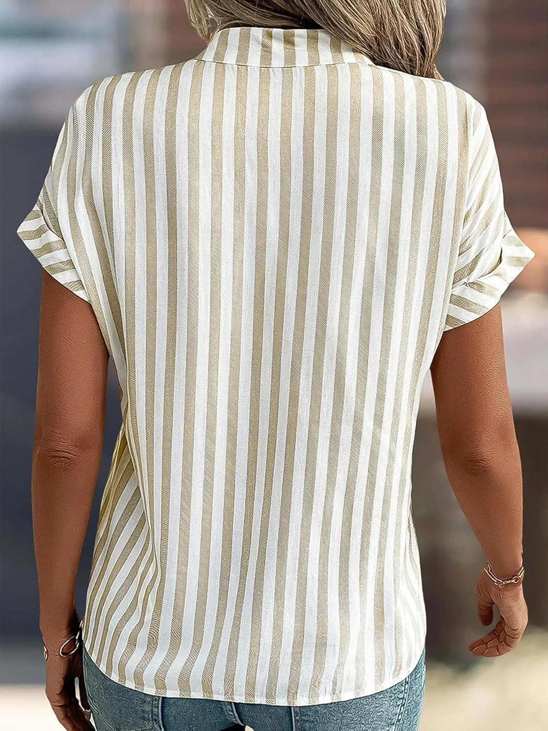 Flamingals V-Neck Stripe Short Sleeve Oversized Half Button Shirt for Women Casual Summer Loose Top