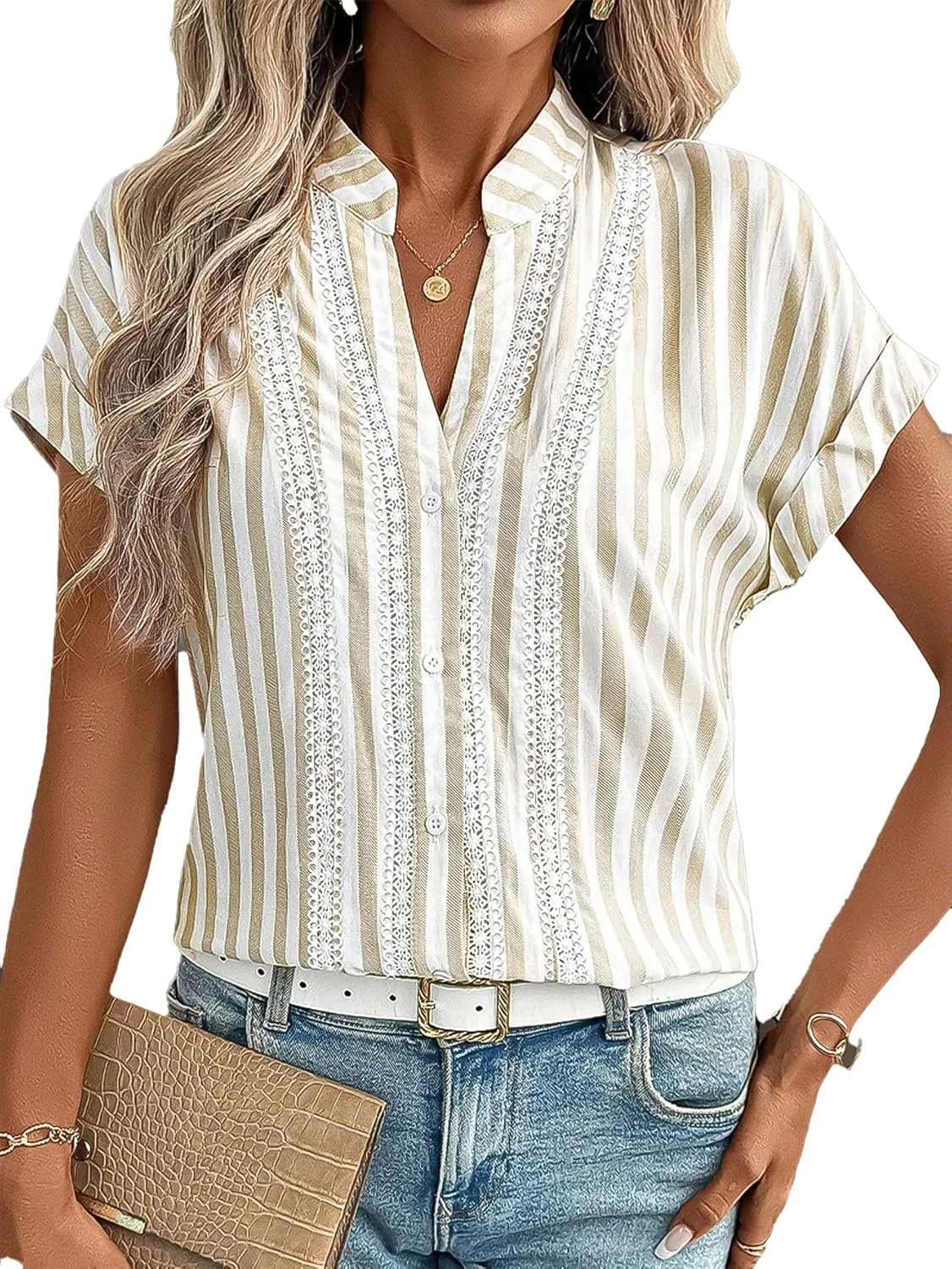 Flamingals V-Neck Stripe Short Sleeve Oversized Half Button Shirt for Women Casual Summer Loose Top