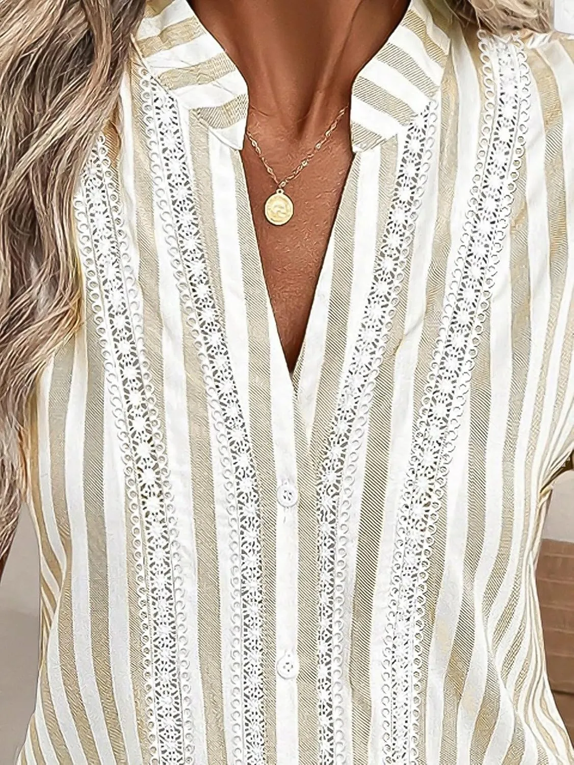 Flamingals V-Neck Stripe Short Sleeve Oversized Half Button Shirt for Women Casual Summer Loose Top