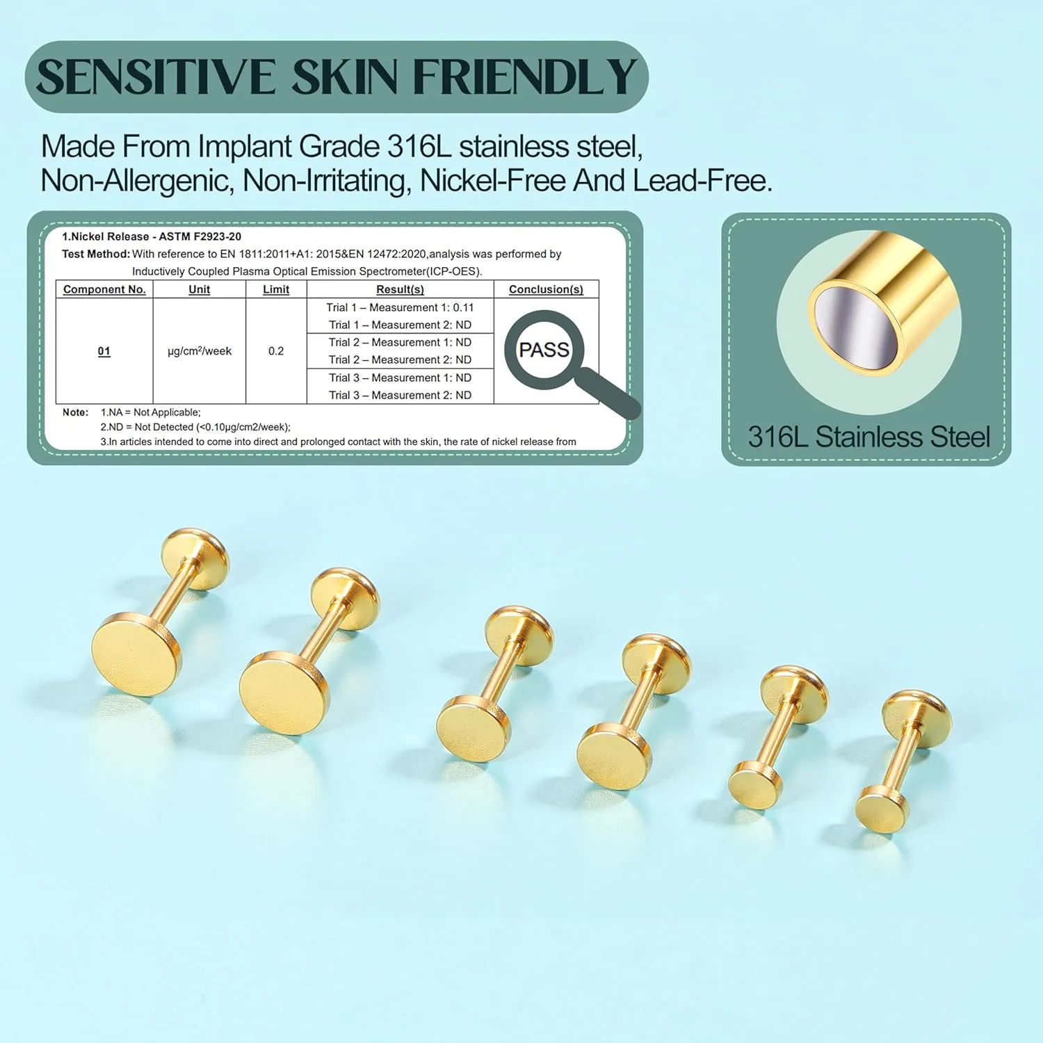 Flat Back Earrings Stud : 14K Gold Filled Titanium Surgical Steel Earrings Hypoallergenic for Women Men 18G Cartilage Helix Tragus Conch Medusa Piercing Jewelry Dainty Stud Earring Set 3 Pair