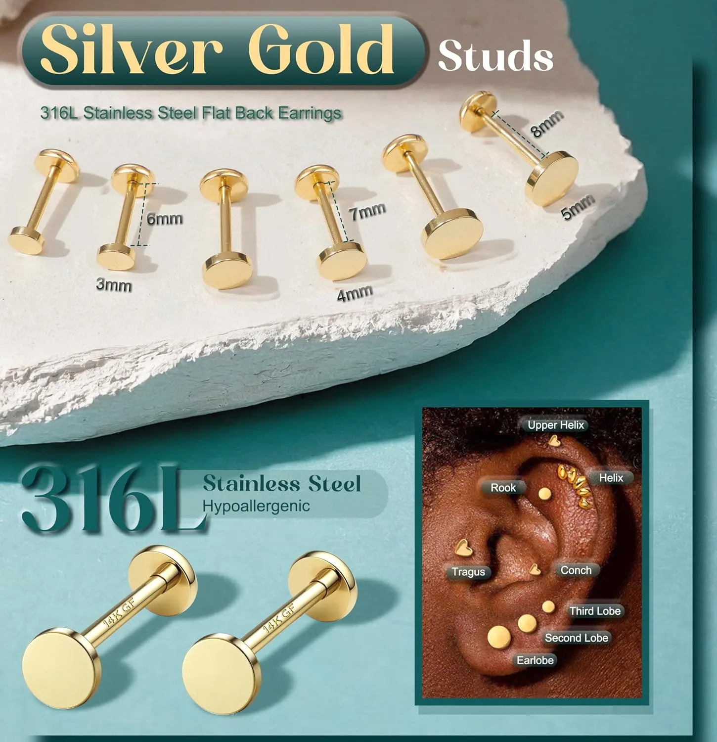 Flat Back Earrings Stud : 14K Gold Filled Titanium Surgical Steel Earrings Hypoallergenic for Women Men 18G Cartilage Helix Tragus Conch Medusa Piercing Jewelry Dainty Stud Earring Set 3 Pair