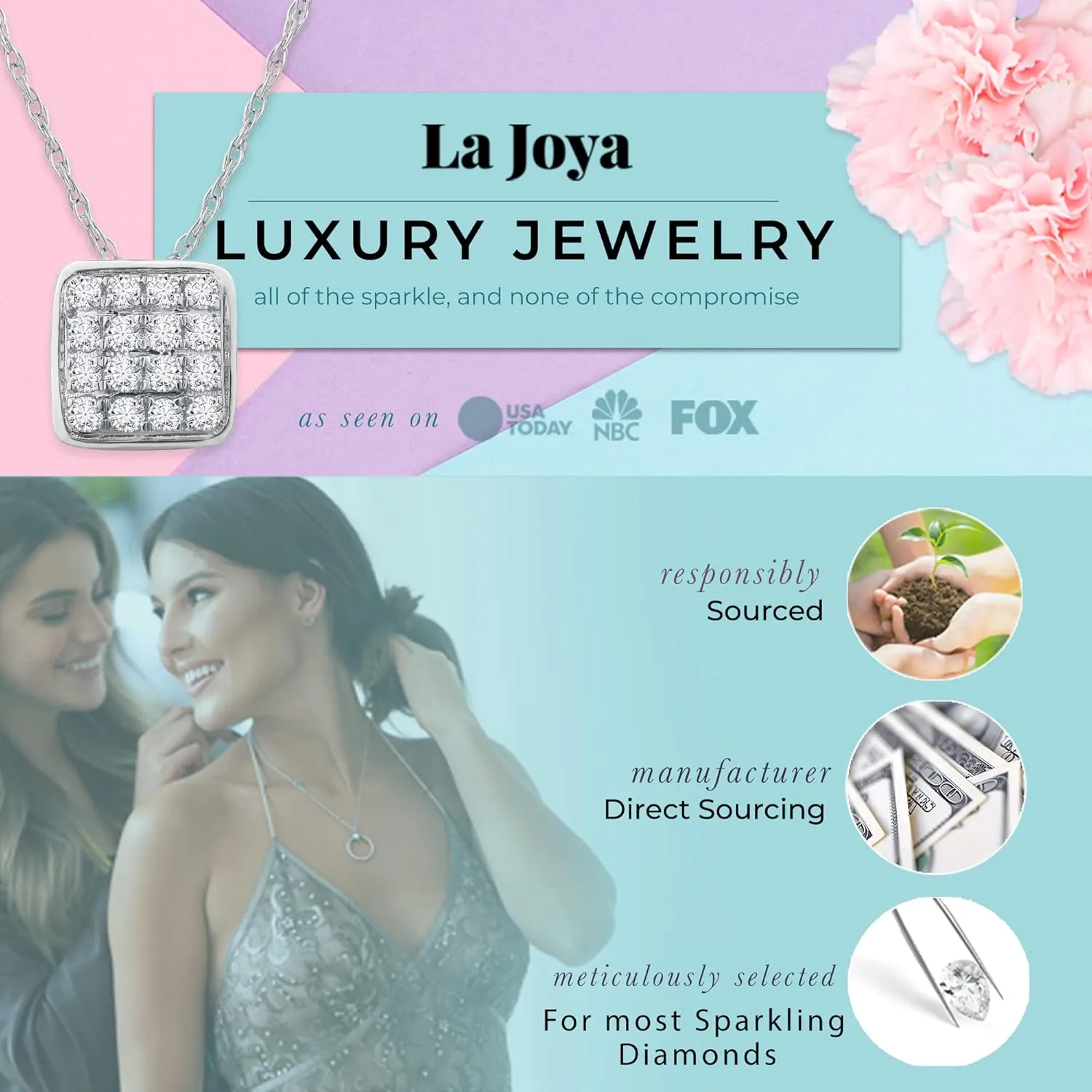 Floating Diamond Necklaces For Women | 1/6-1 CT. TW. White Rhodium Plated Sterling Silver Lab Grown Square Diamond Necklace | Sparkling GH VS/SI Diamonds Jewelry for Women