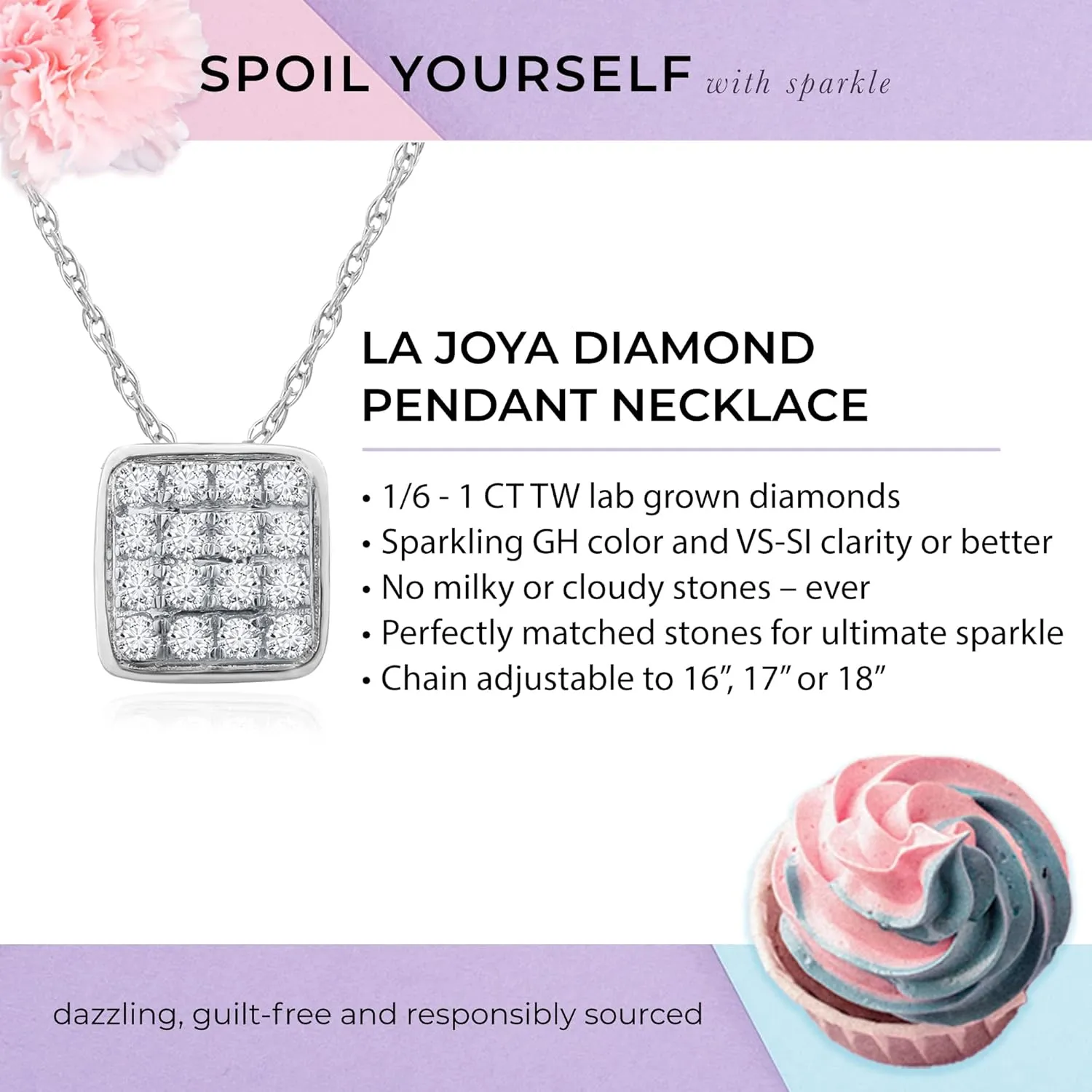 Floating Diamond Necklaces For Women | 1/6-1 CT. TW. White Rhodium Plated Sterling Silver Lab Grown Square Diamond Necklace | Sparkling GH VS/SI Diamonds Jewelry for Women