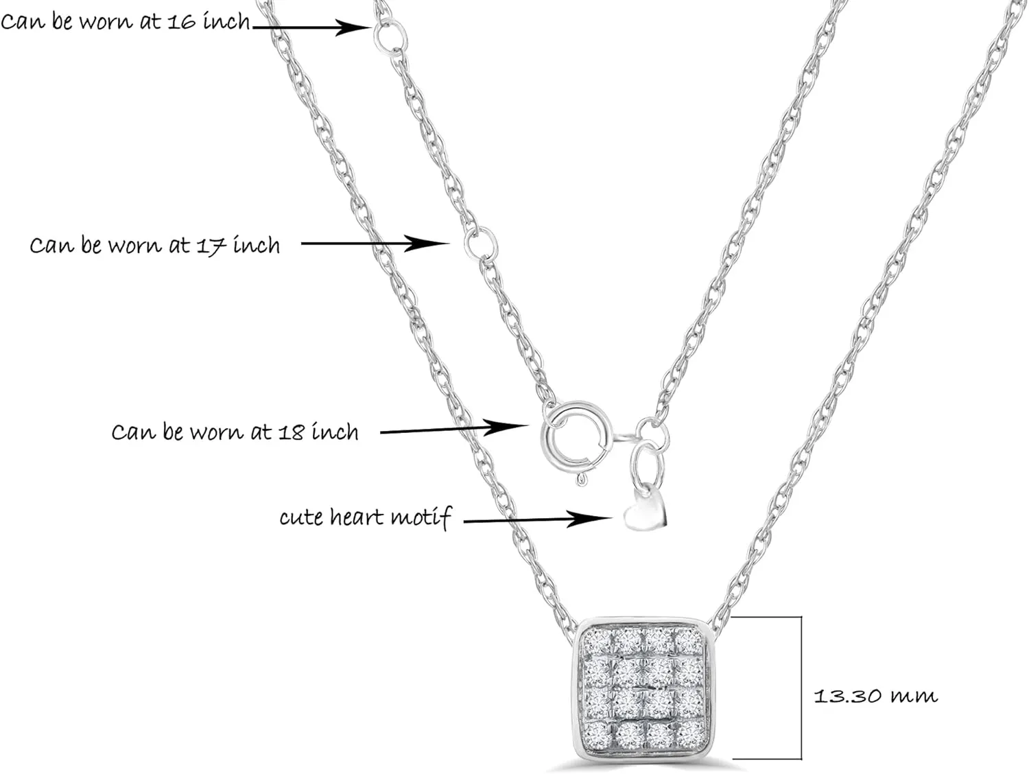 Floating Diamond Necklaces For Women | 1/6-1 CT. TW. White Rhodium Plated Sterling Silver Lab Grown Square Diamond Necklace | Sparkling GH VS/SI Diamonds Jewelry for Women
