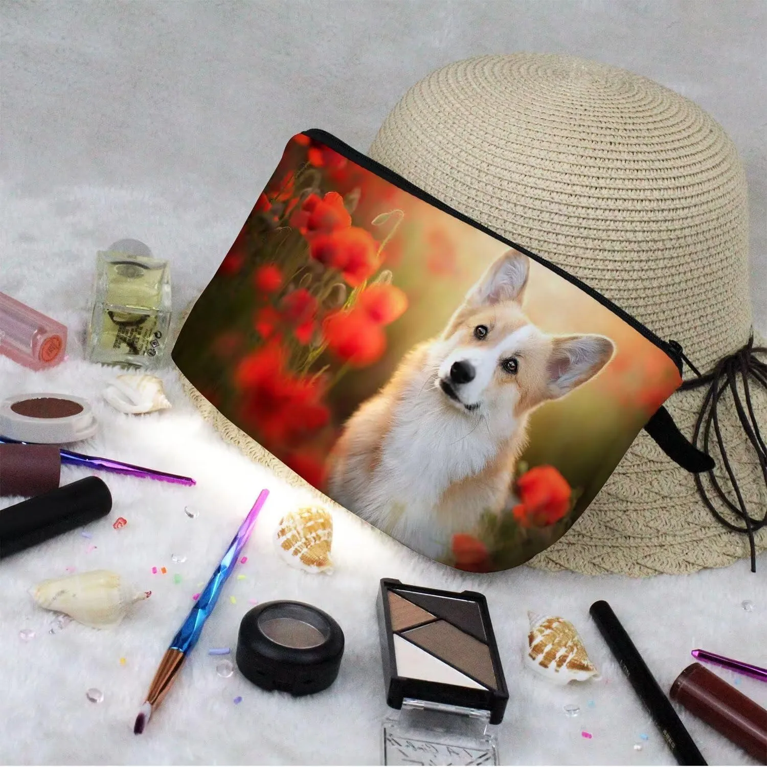 Floral Corgi Dog Makeup Bag - Cute Small Organizer Zipper Pouch, Puppy Cosmetic Bag, Birthday Present for Corgi Lovers, Mom, Women, Friends