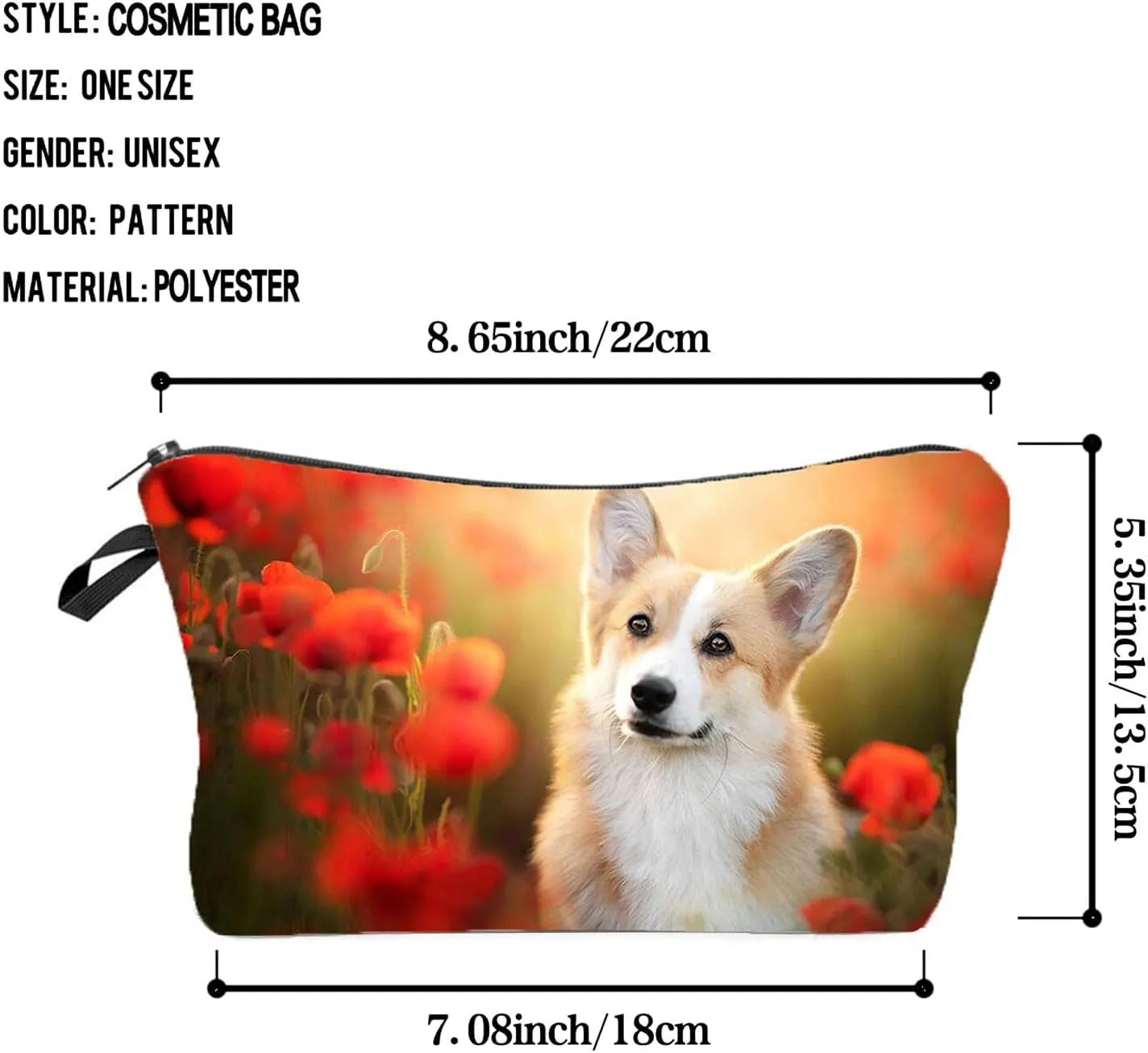 Floral Corgi Dog Makeup Bag - Cute Small Organizer Zipper Pouch, Puppy Cosmetic Bag, Birthday Present for Corgi Lovers, Mom, Women, Friends