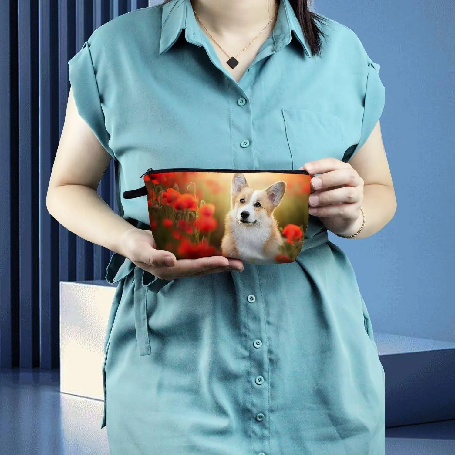 Floral Corgi Dog Makeup Bag - Cute Small Organizer Zipper Pouch, Puppy Cosmetic Bag, Birthday Present for Corgi Lovers, Mom, Women, Friends