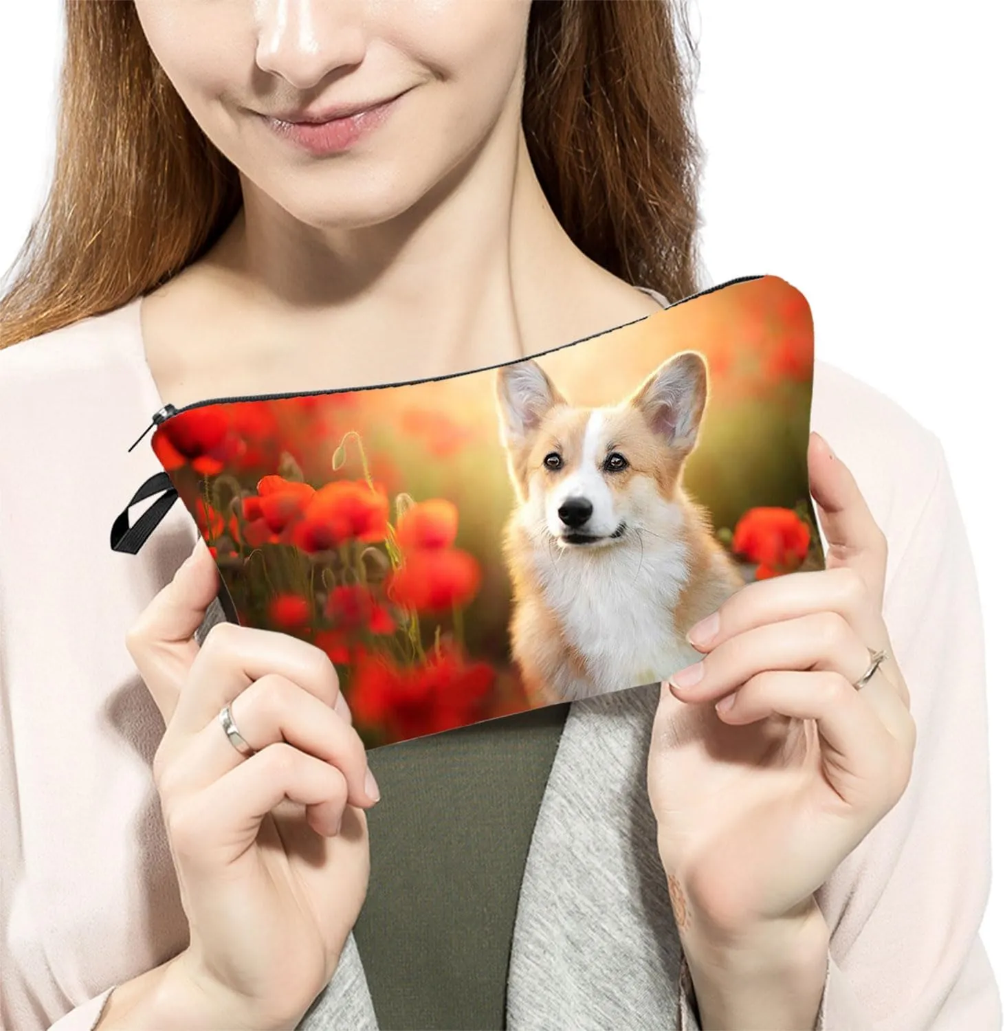 Floral Corgi Dog Makeup Bag - Cute Small Organizer Zipper Pouch, Puppy Cosmetic Bag, Birthday Present for Corgi Lovers, Mom, Women, Friends