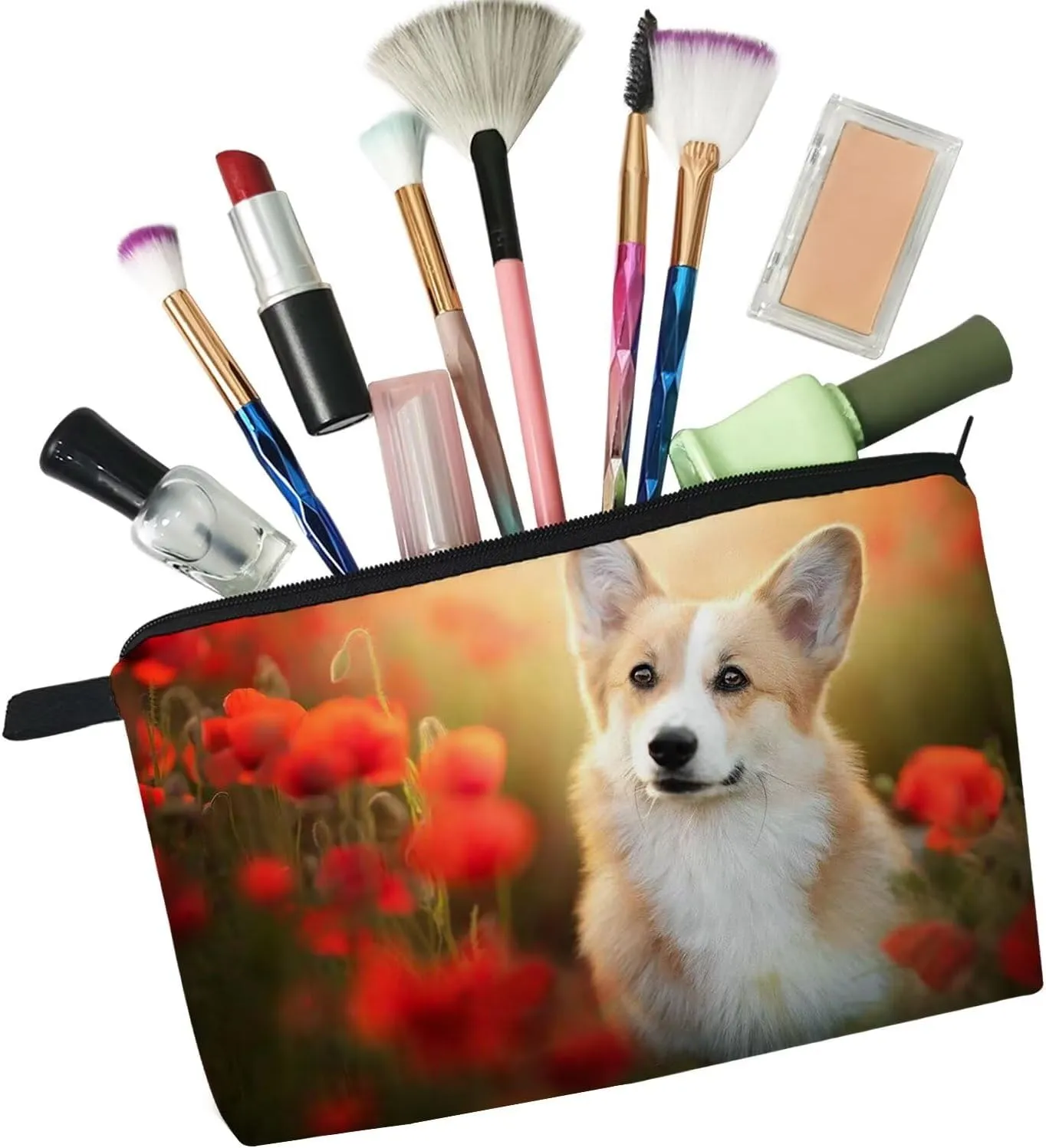 Floral Corgi Dog Makeup Bag - Cute Small Organizer Zipper Pouch, Puppy Cosmetic Bag, Birthday Present for Corgi Lovers, Mom, Women, Friends