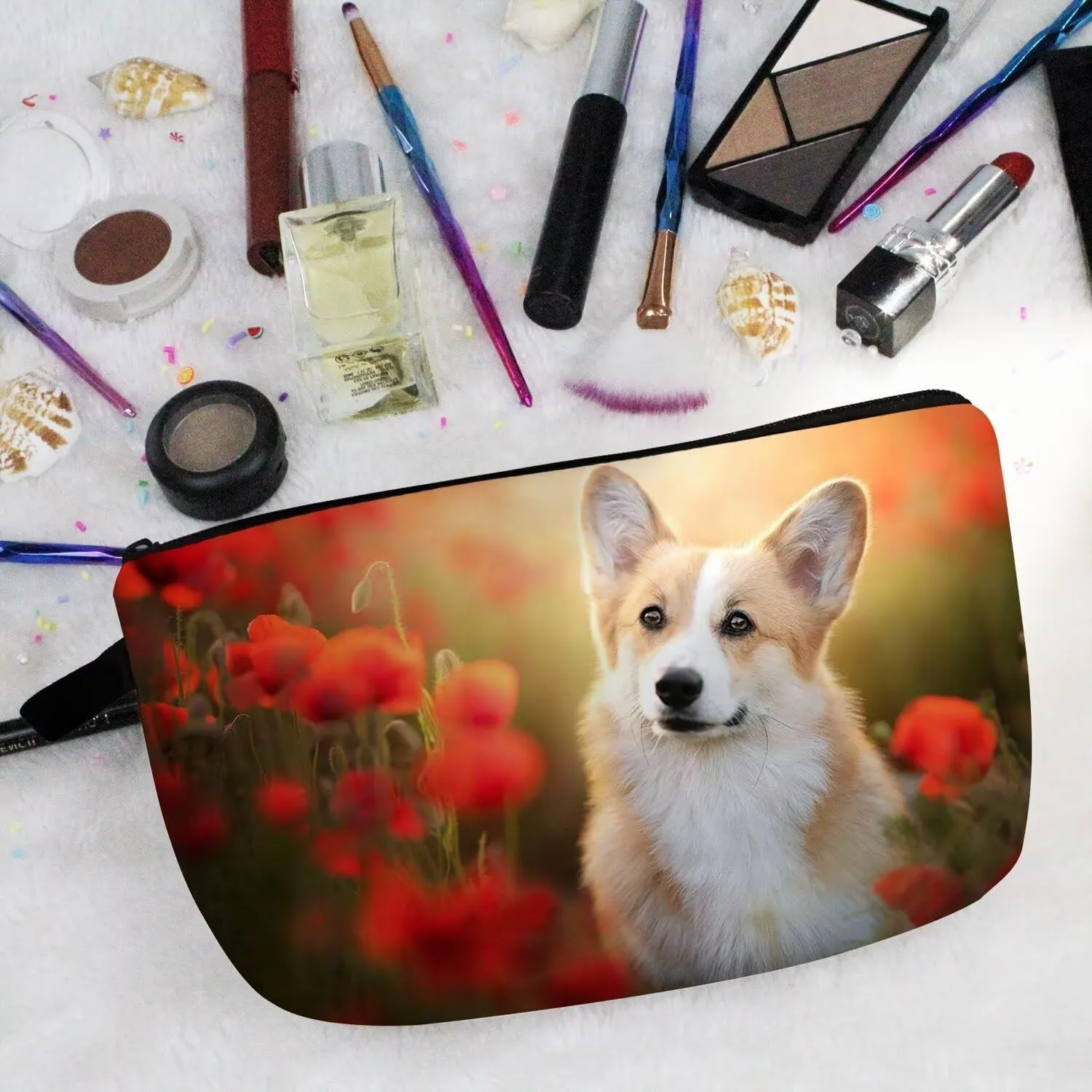 Floral Corgi Dog Makeup Bag - Cute Small Organizer Zipper Pouch, Puppy Cosmetic Bag, Birthday Present for Corgi Lovers, Mom, Women, Friends