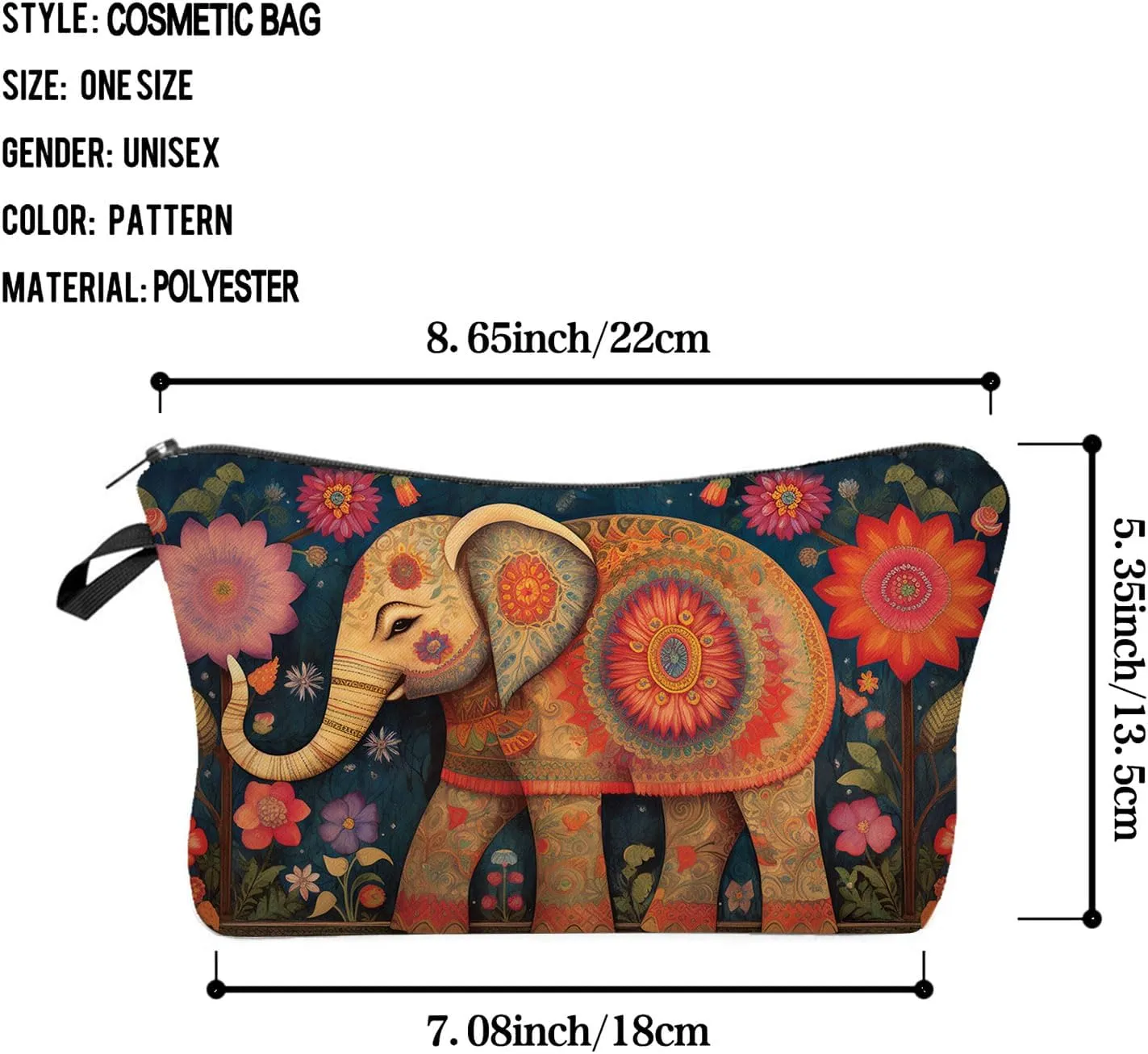 Floral Elephant Makeup Bag Floral Elephant Small Cute Organizer Bag Zipper Pouch Ethnic Style Floral Elephant Print Cosmetic Bag Present for Women Friends