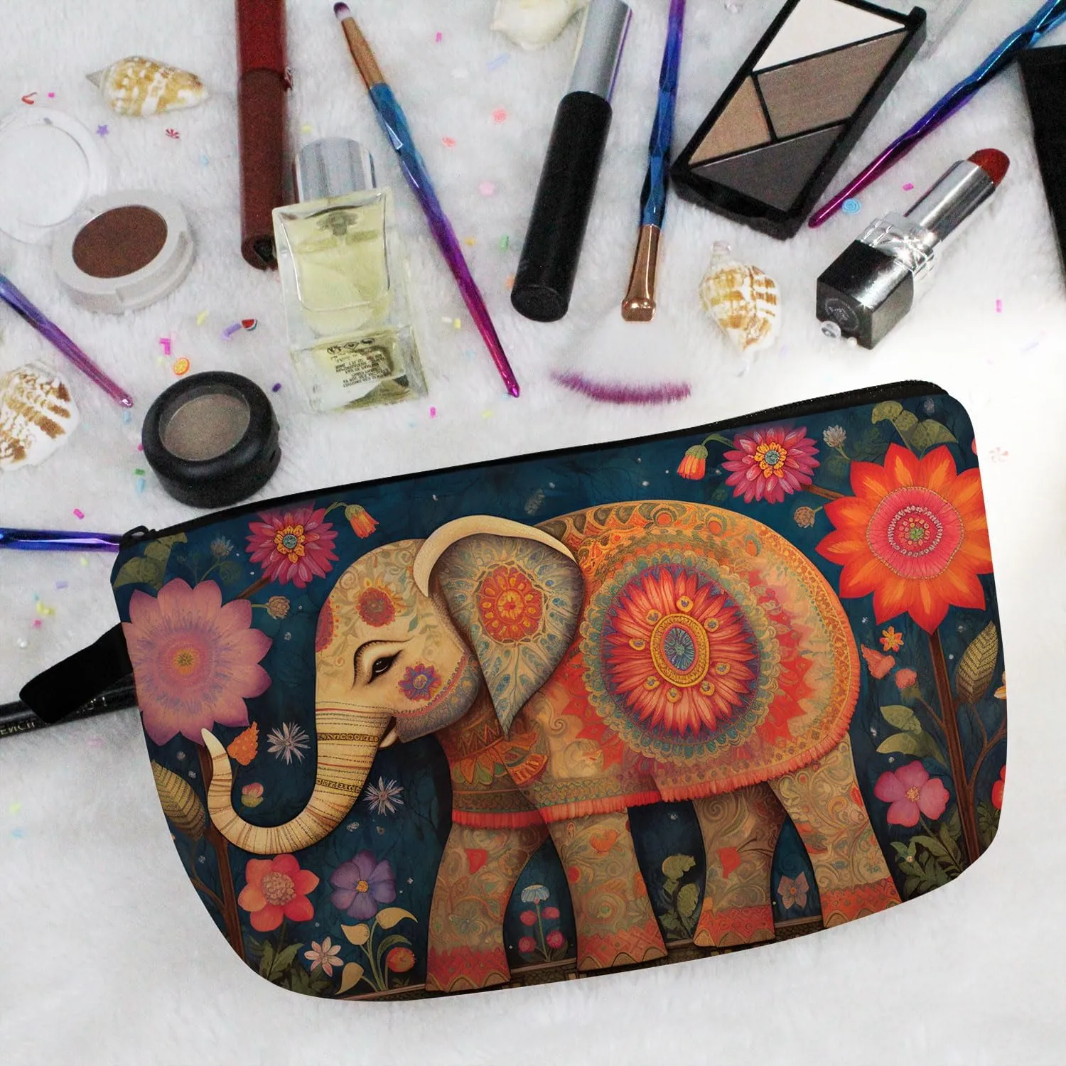Floral Elephant Makeup Bag Floral Elephant Small Cute Organizer Bag Zipper Pouch Ethnic Style Floral Elephant Print Cosmetic Bag Present for Women Friends