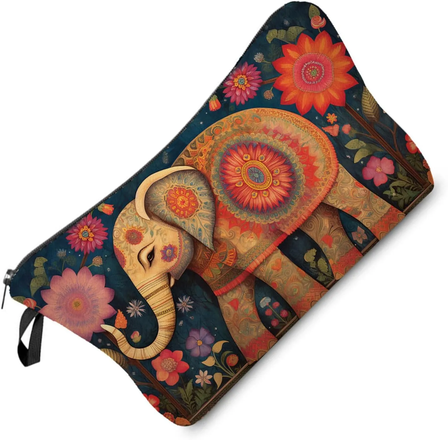 Floral Elephant Makeup Bag Floral Elephant Small Cute Organizer Bag Zipper Pouch Ethnic Style Floral Elephant Print Cosmetic Bag Present for Women Friends