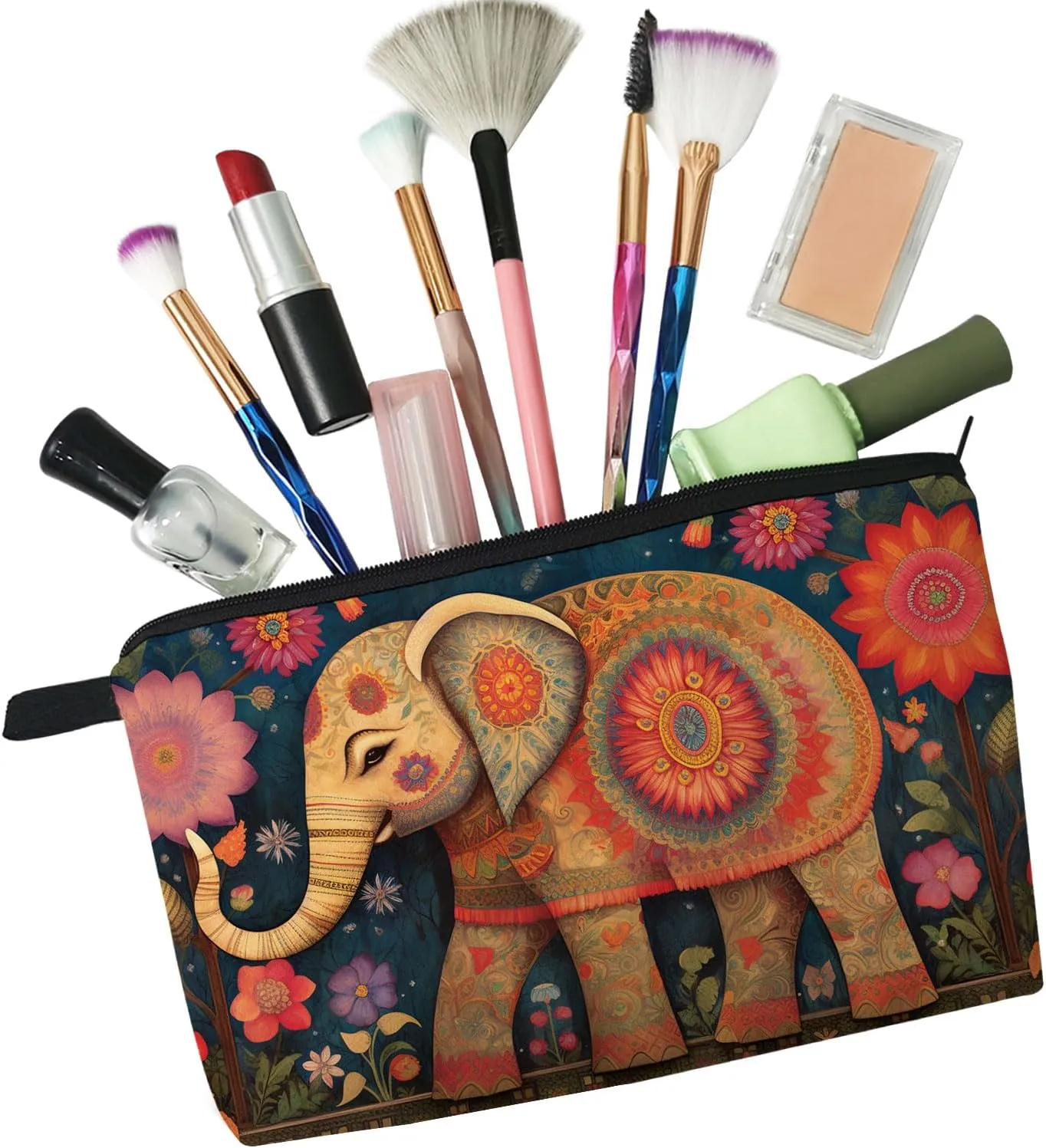 Floral Elephant Makeup Bag Floral Elephant Small Cute Organizer Bag Zipper Pouch Ethnic Style Floral Elephant Print Cosmetic Bag Present for Women Friends