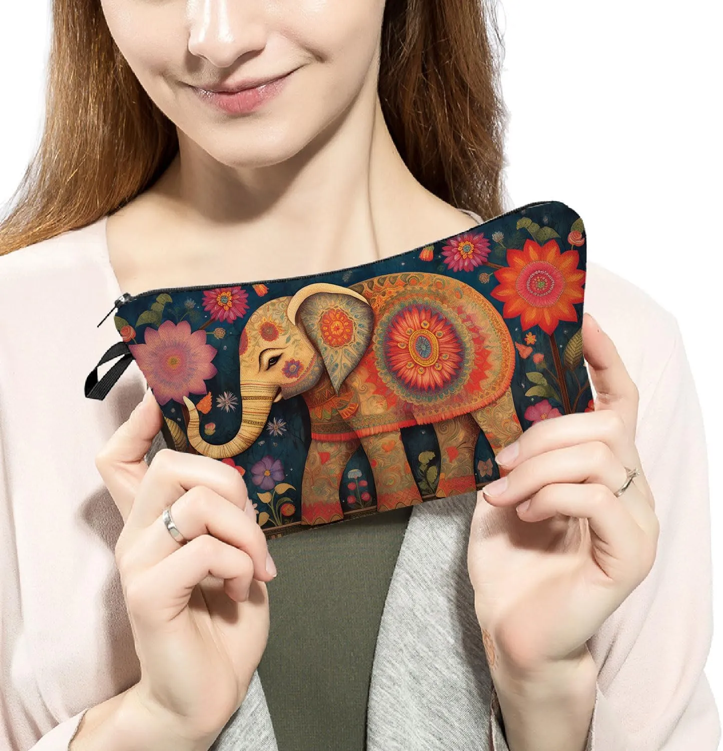 Floral Elephant Makeup Bag Floral Elephant Small Cute Organizer Bag Zipper Pouch Ethnic Style Floral Elephant Print Cosmetic Bag Present for Women Friends