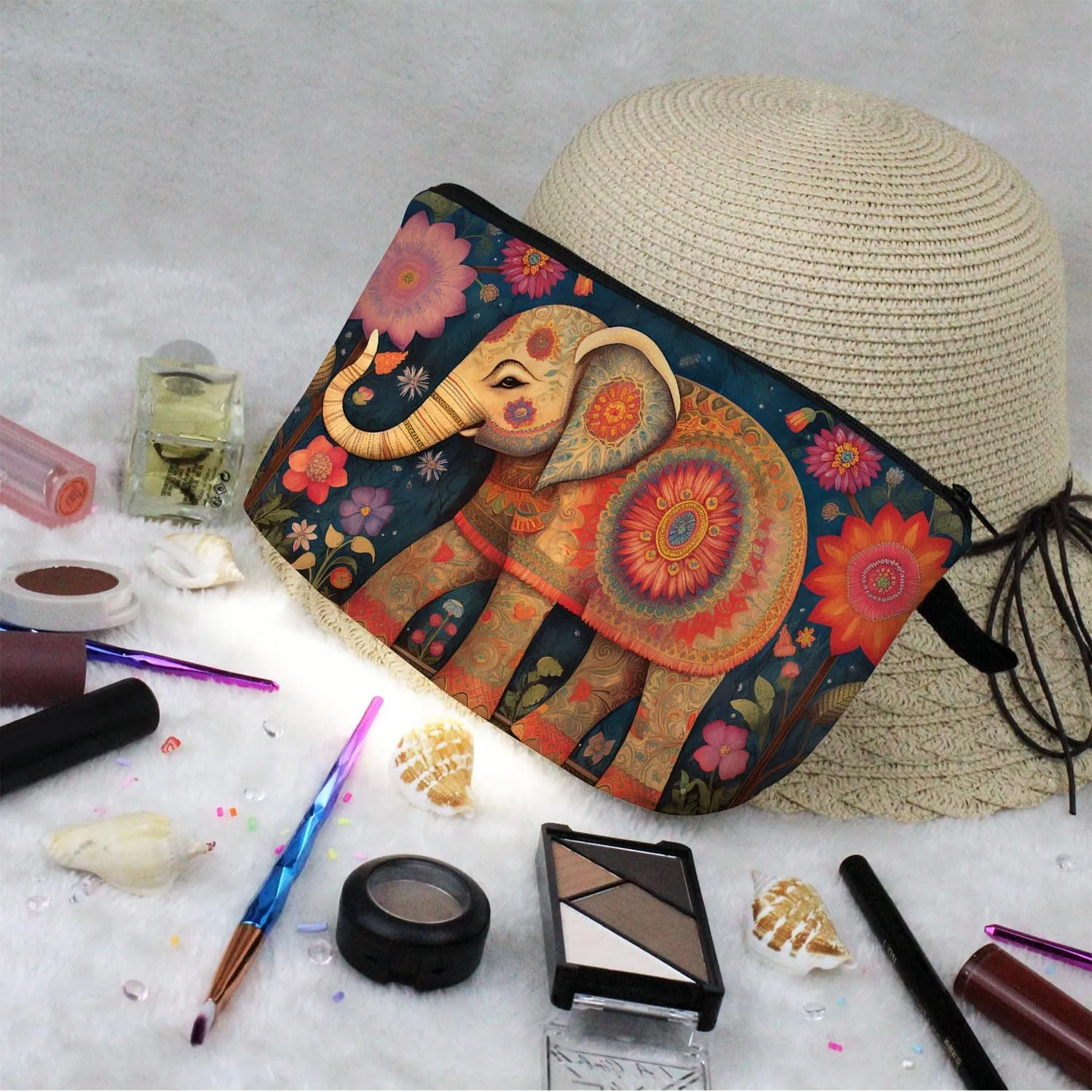 Floral Elephant Makeup Bag Floral Elephant Small Cute Organizer Bag Zipper Pouch Ethnic Style Floral Elephant Print Cosmetic Bag Present for Women Friends