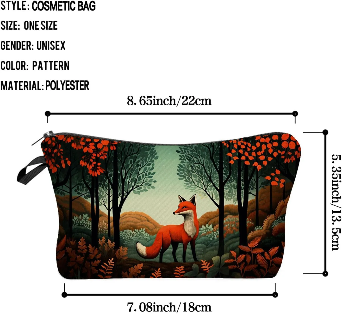 Floral Fox Makeup Bag Folk Art Painting Small Organizer Zipper Pouch Fox In Forest Print Cosmetic Bag Present for Women Fox Lovers Friends