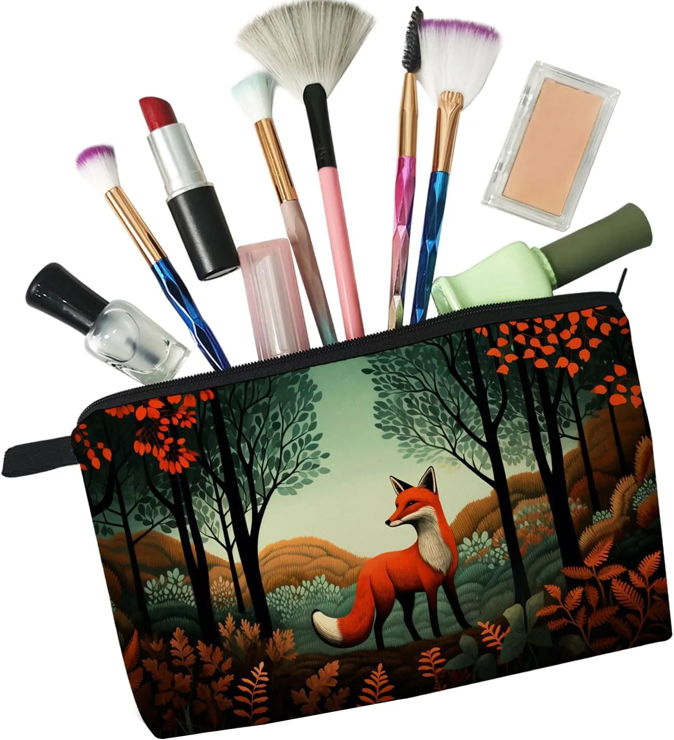 Floral Fox Makeup Bag Folk Art Painting Small Organizer Zipper Pouch Fox In Forest Print Cosmetic Bag Present for Women Fox Lovers Friends