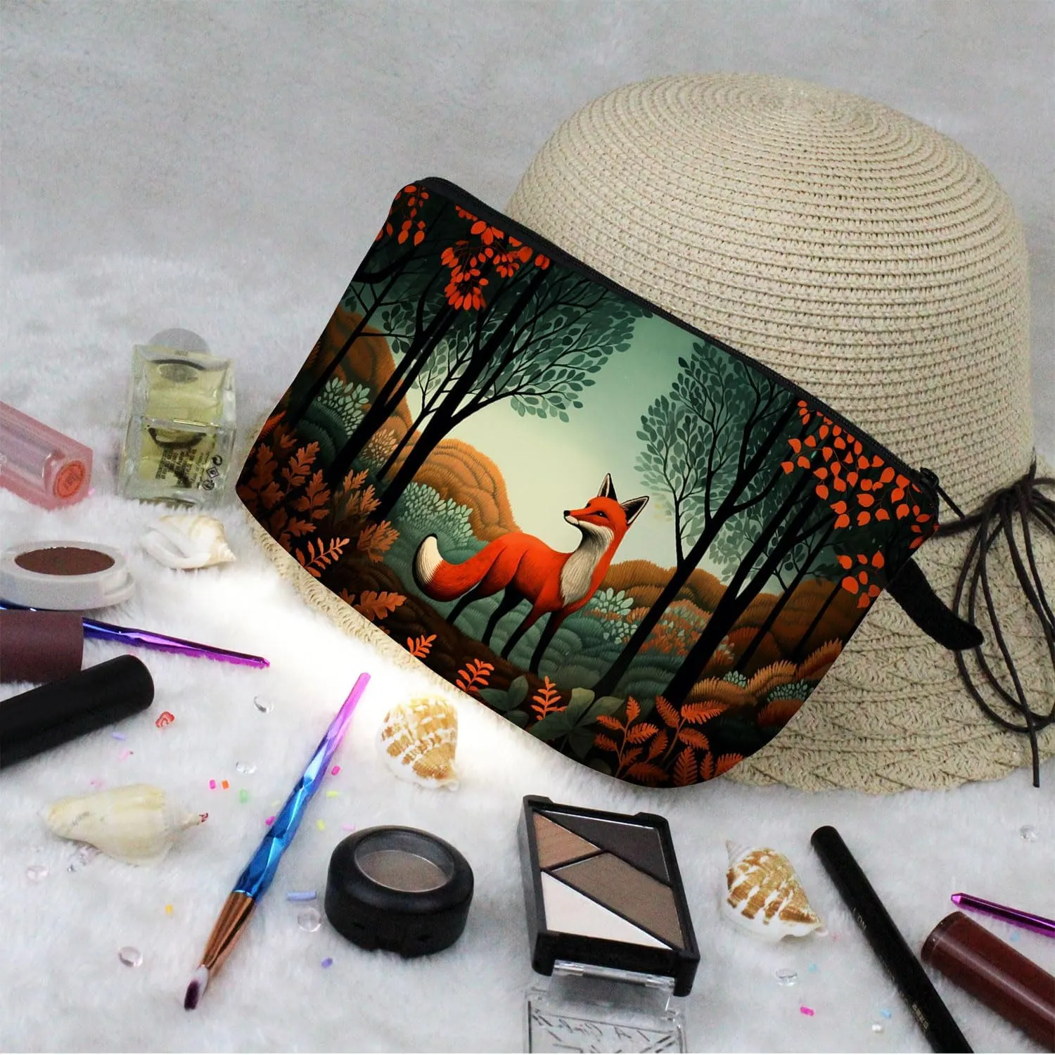 Floral Fox Makeup Bag Folk Art Painting Small Organizer Zipper Pouch Fox In Forest Print Cosmetic Bag Present for Women Fox Lovers Friends