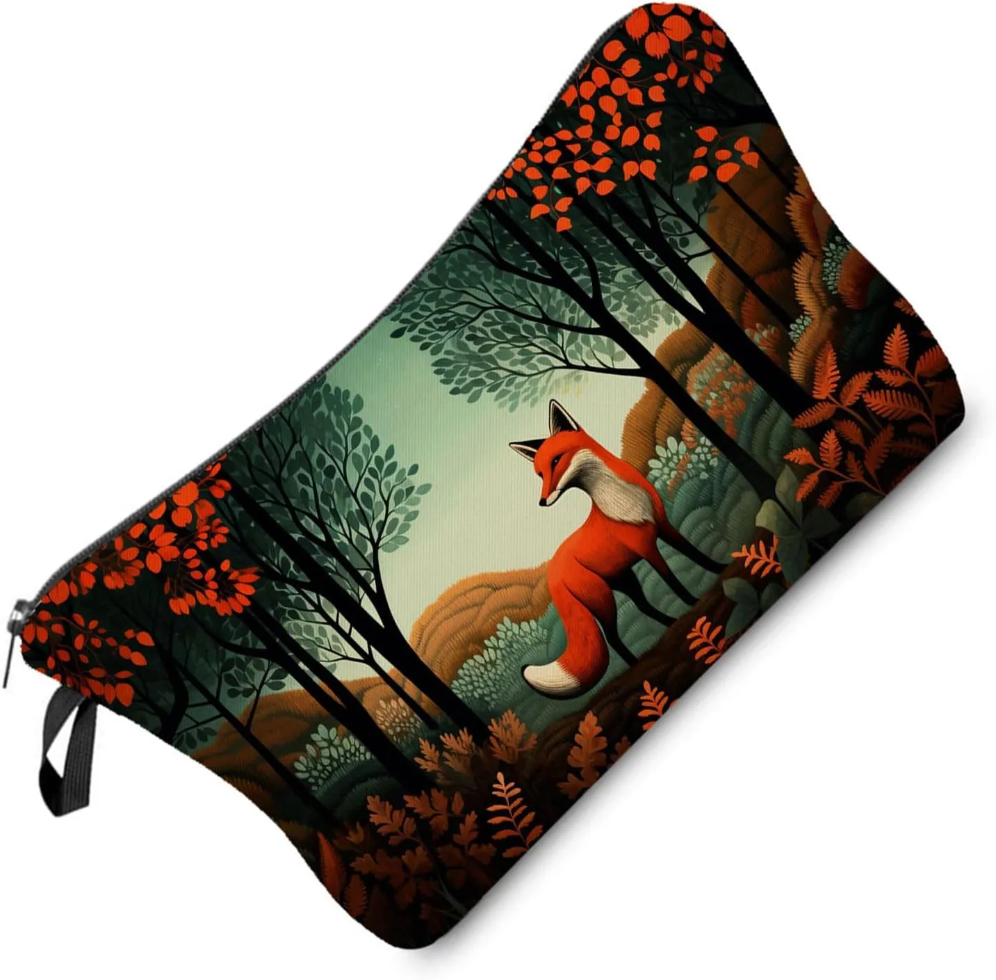 Floral Fox Makeup Bag Folk Art Painting Small Organizer Zipper Pouch Fox In Forest Print Cosmetic Bag Present for Women Fox Lovers Friends