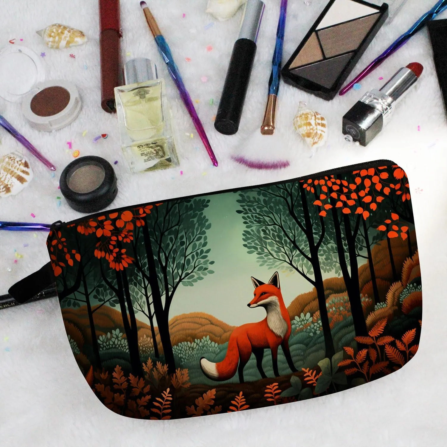 Floral Fox Makeup Bag Folk Art Painting Small Organizer Zipper Pouch Fox In Forest Print Cosmetic Bag Present for Women Fox Lovers Friends